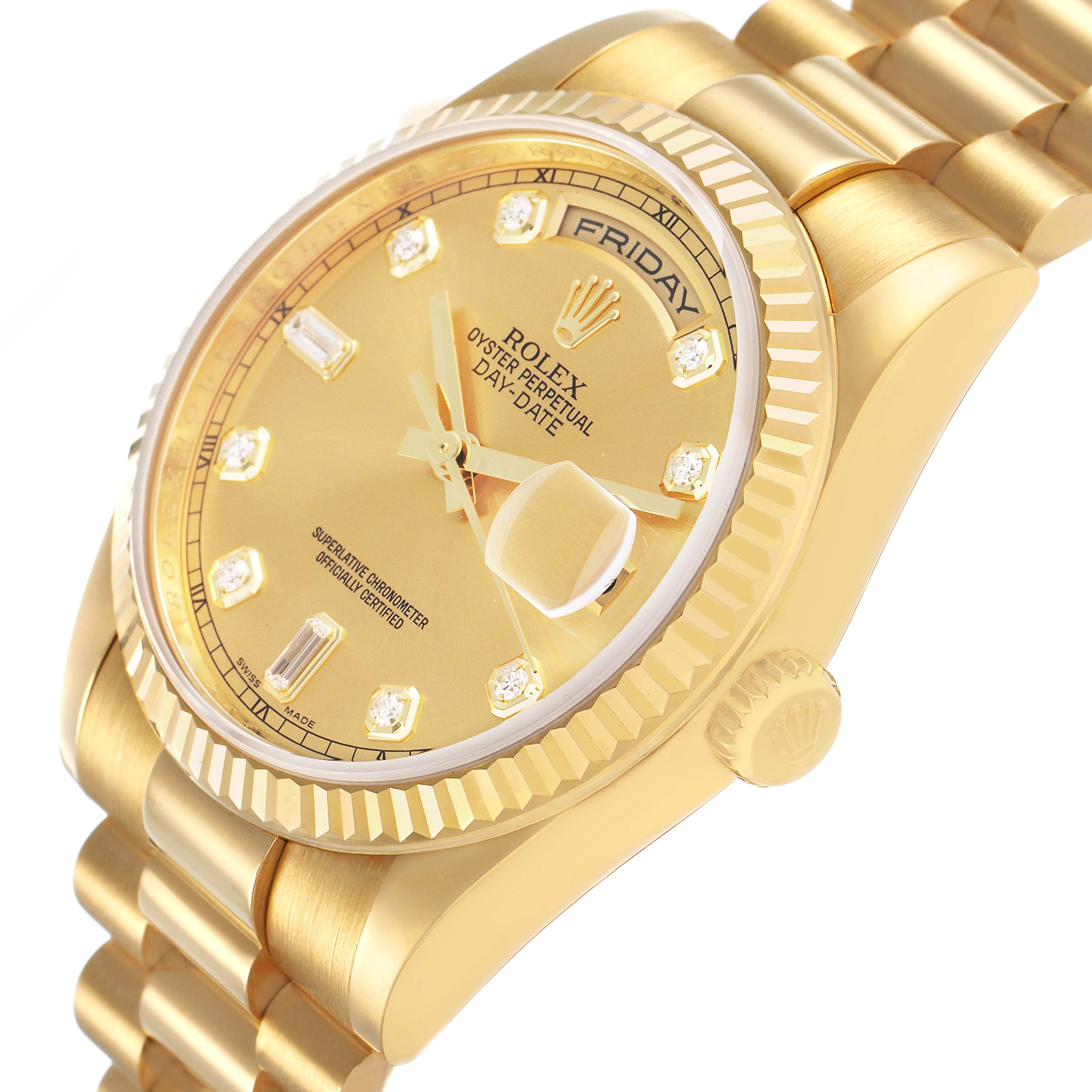 The image shows a close-up of the Rolex President 118238 Men's Yellow Gold Champagne Dial watch at an angled view, highlighting the dial, bezel, and bracelet.