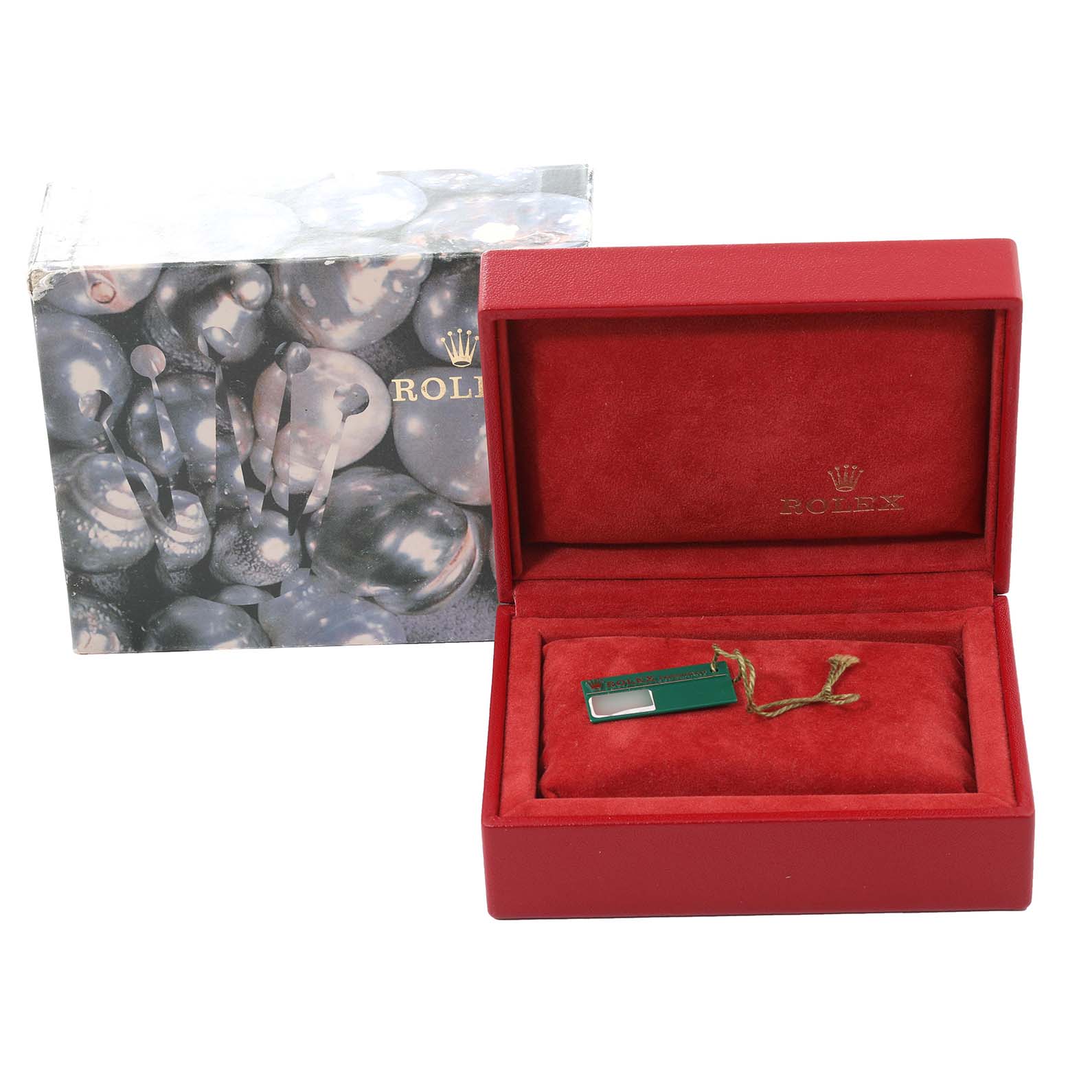 The image shows the presentation box and tag of a Rolex President 68278 Women's Yellow Gold Champagne Dial 68278 Women's Yellow Gold Champagne Dial model watch, with the box open and empty.