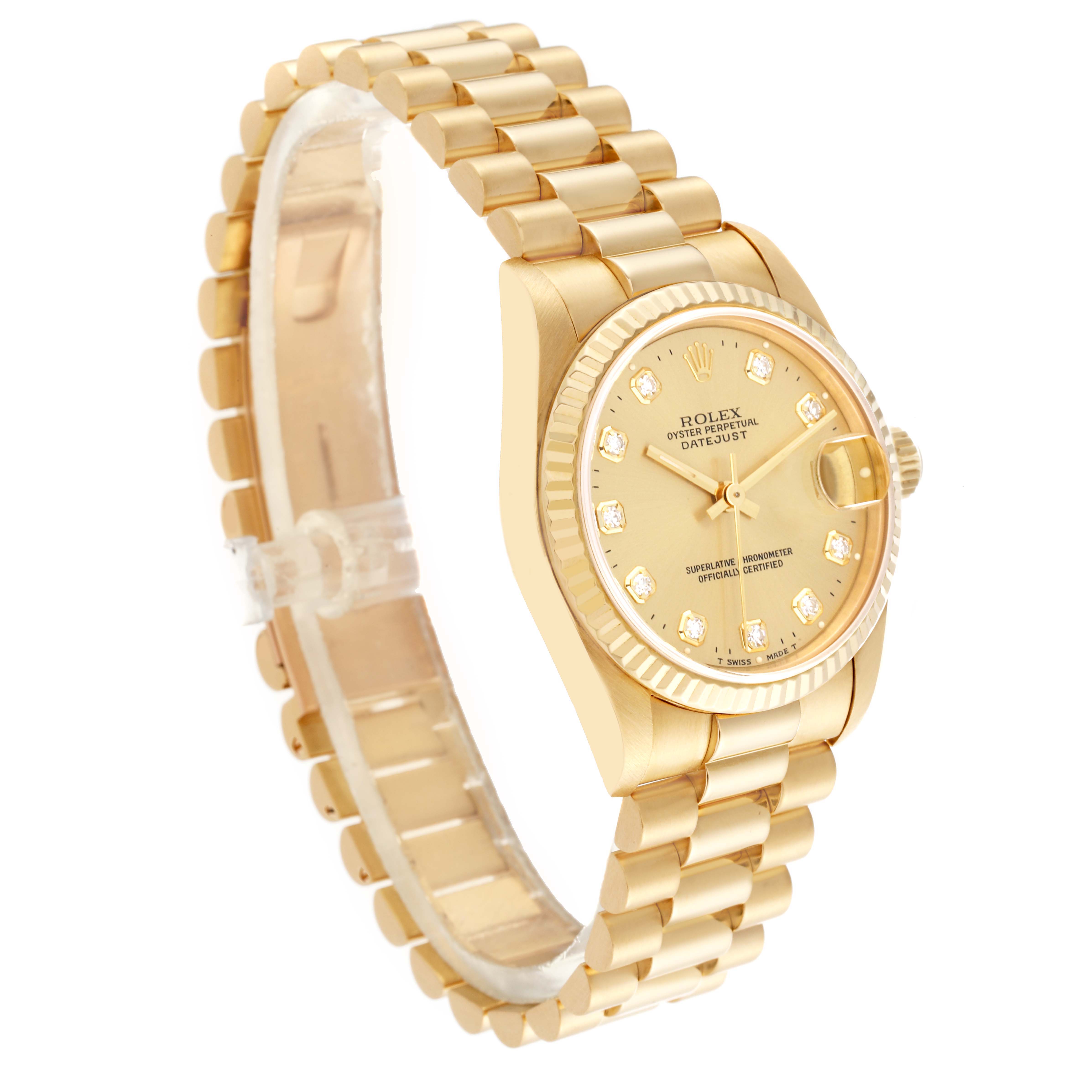 The image shows a side angle of a Rolex President 68278 Women's Yellow Gold Champagne Dial 68278 Women's Yellow Gold Champagne Dial model watch, displaying its gold bracelet, case, bezel, and dial.