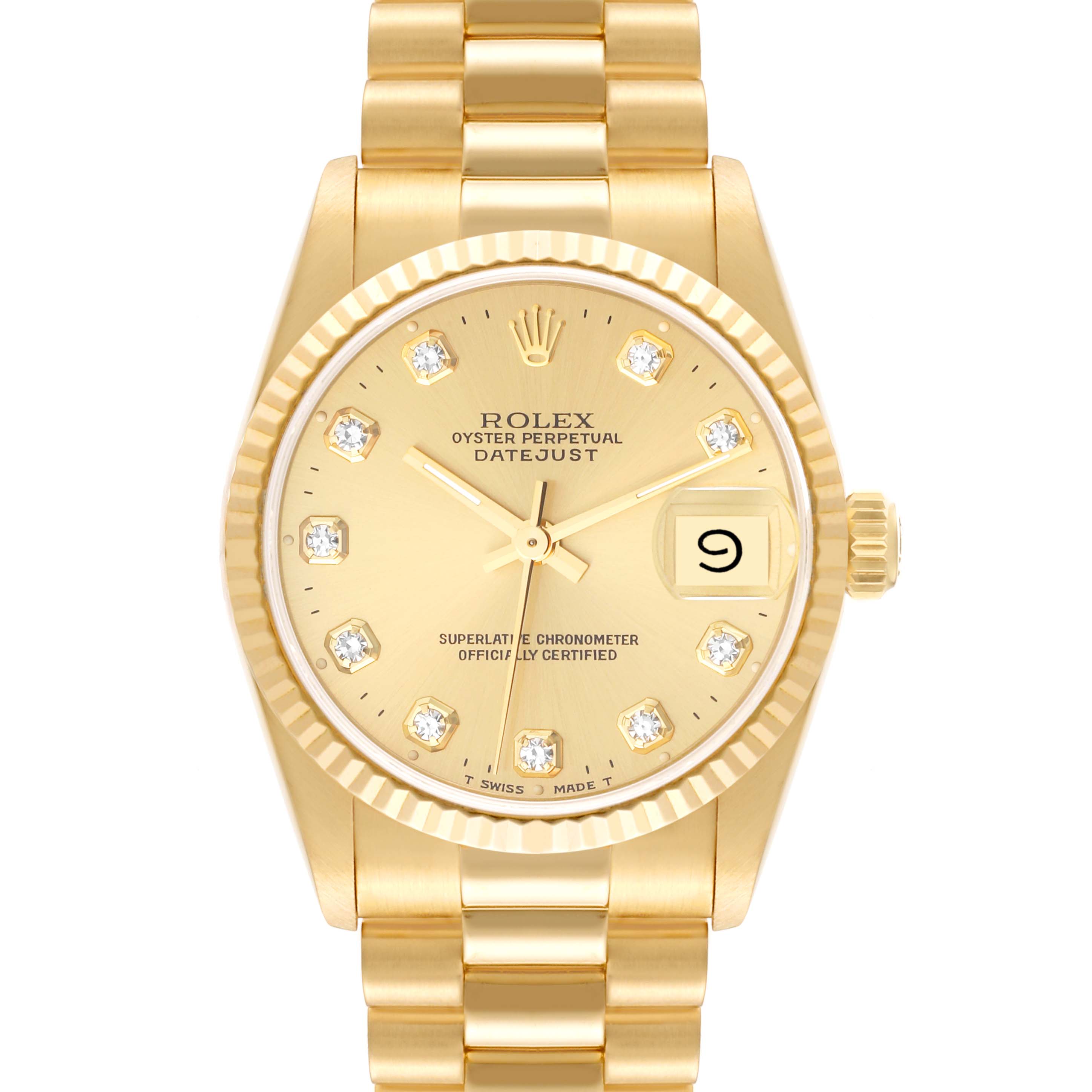 The image shows a Rolex President 68278 Women's Yellow Gold Champagne Dial 68278 Women's Yellow Gold Champagne Dial model Datejust watch with a gold band, dial, and fluted bezel, viewed from the front.