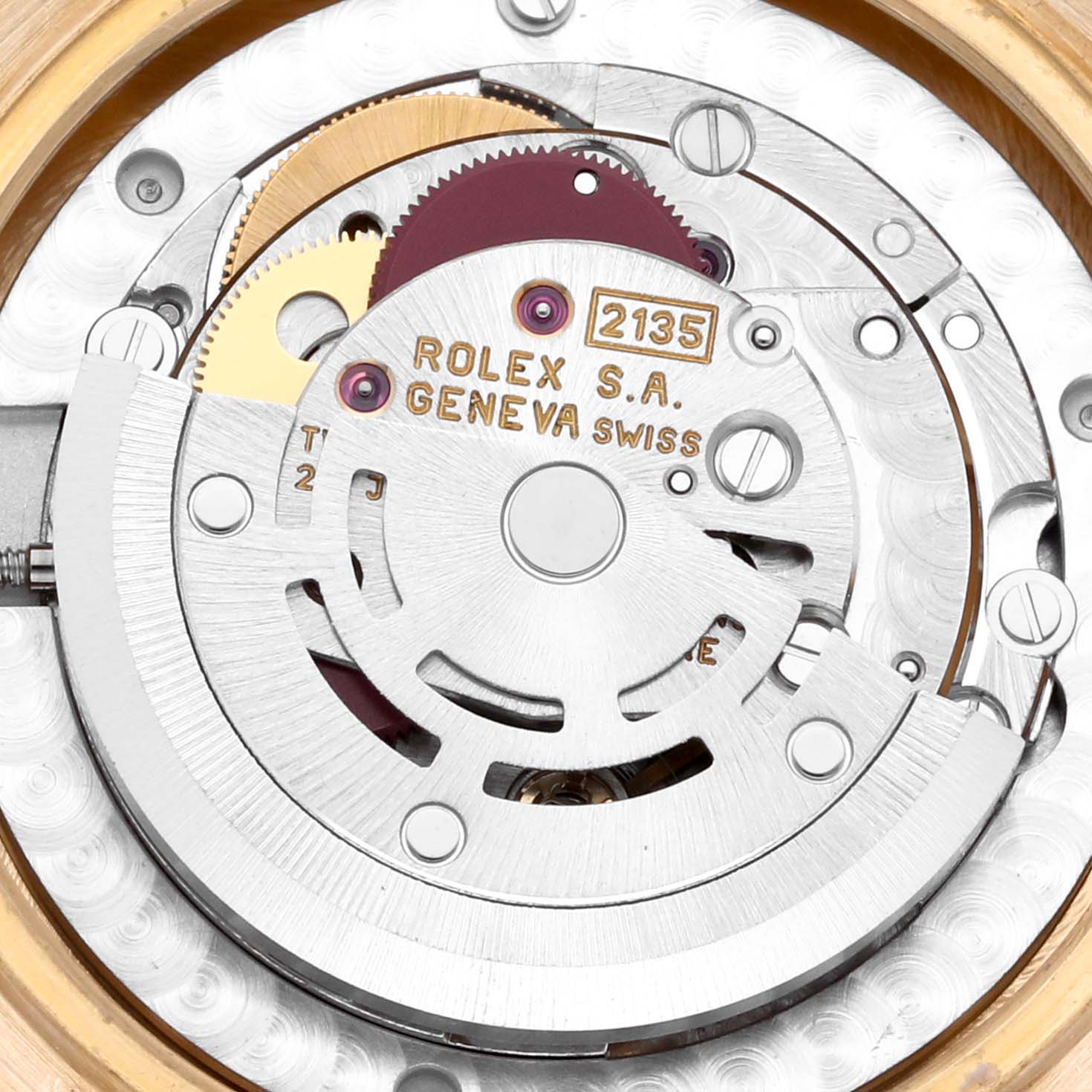 The image shows a close-up view of the internal mechanism of a Rolex President 68278 Women's Yellow Gold Champagne Dial 68278 Women's Yellow Gold Champagne Dial model watch, highlighting the movement and gears.