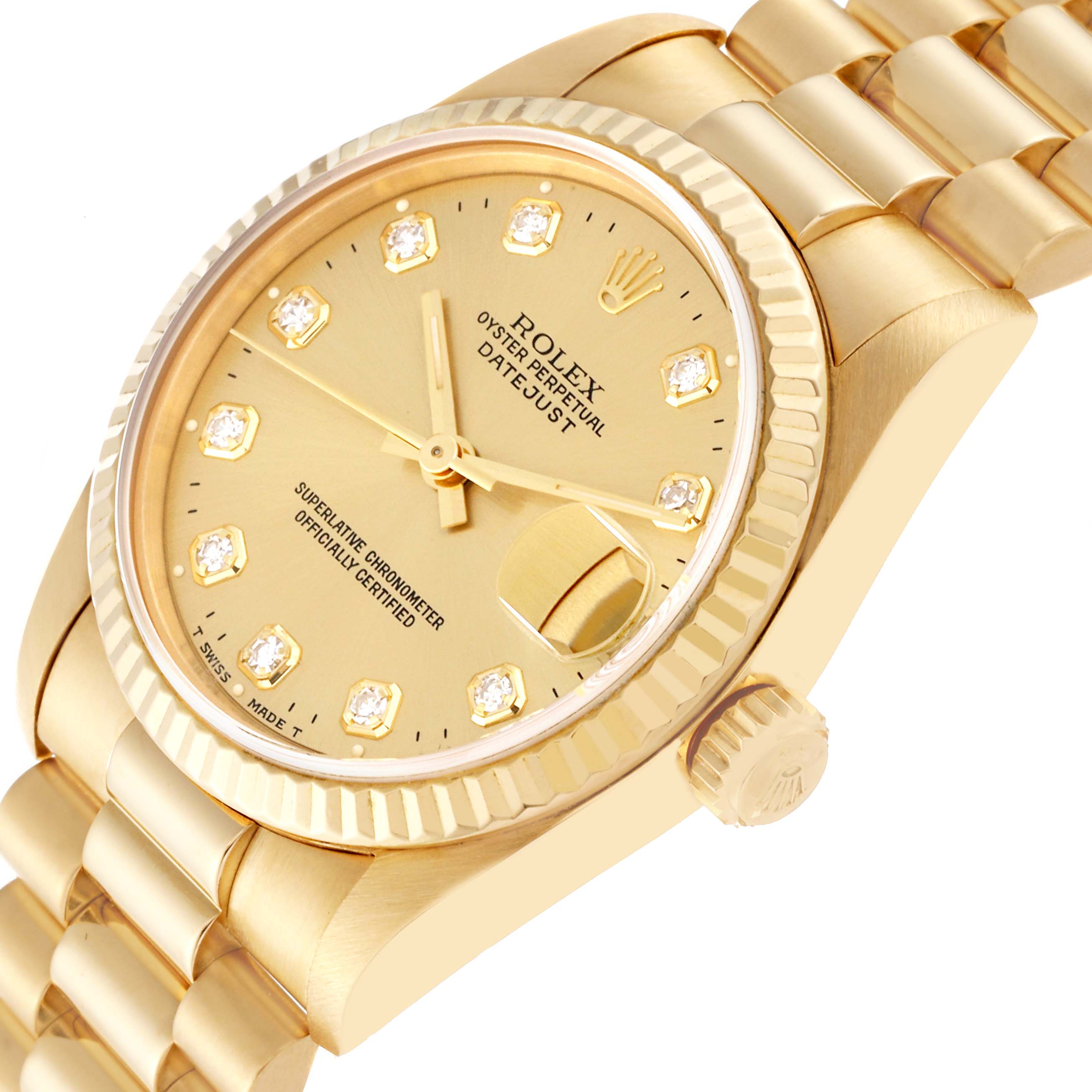 The image shows a close-up angle of a Rolex President 68278 Women's Yellow Gold Champagne Dial 68278 Women's Yellow Gold Champagne Dial model watch, featuring its gold dial, diamond hour markers, and fluted bezel.