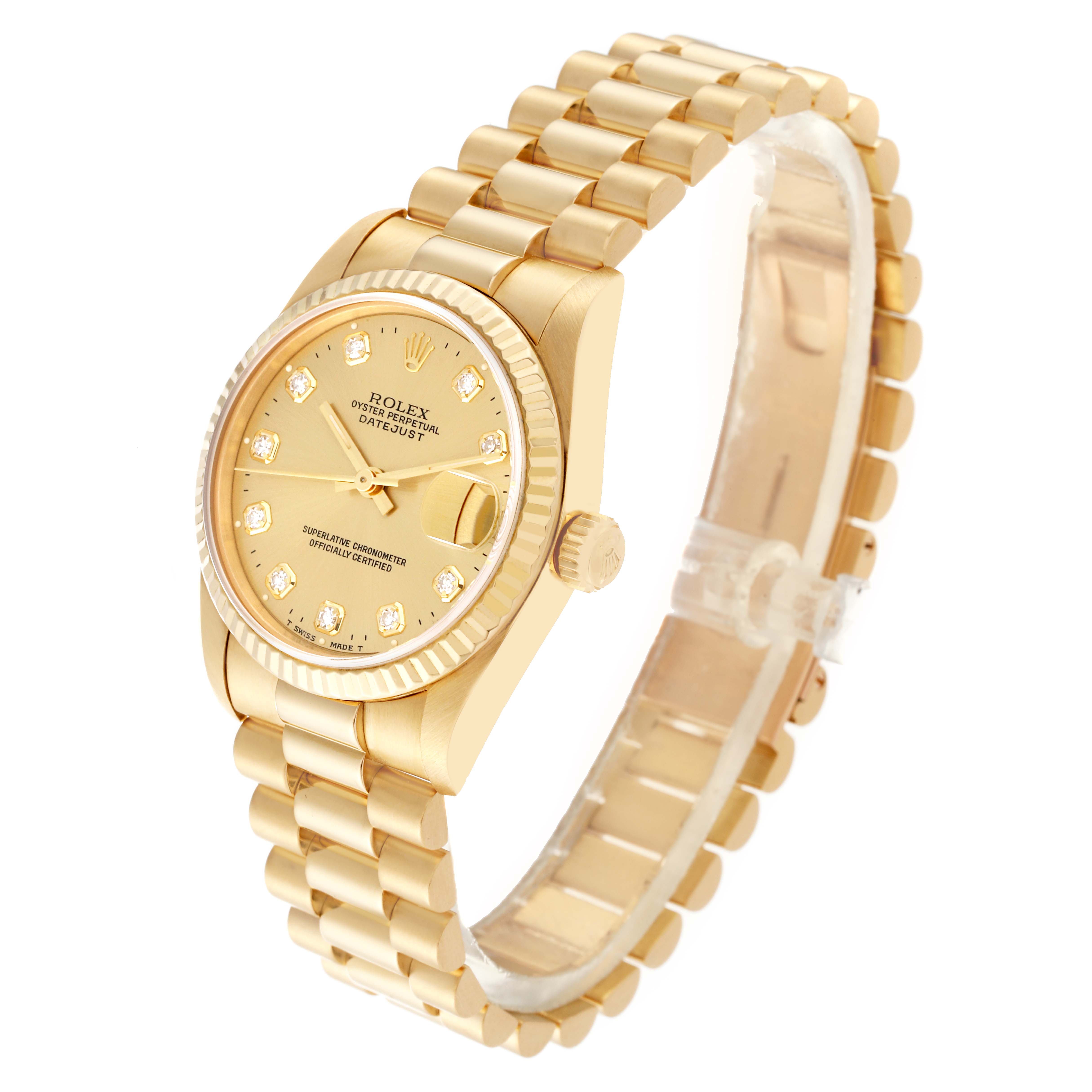 This image shows a Rolex President 68278 Women's Yellow Gold Champagne Dial 68278 Women's Yellow Gold Champagne Dial model watch at a tilted angle, showcasing its gold bracelet, dial, and fluted bezel.