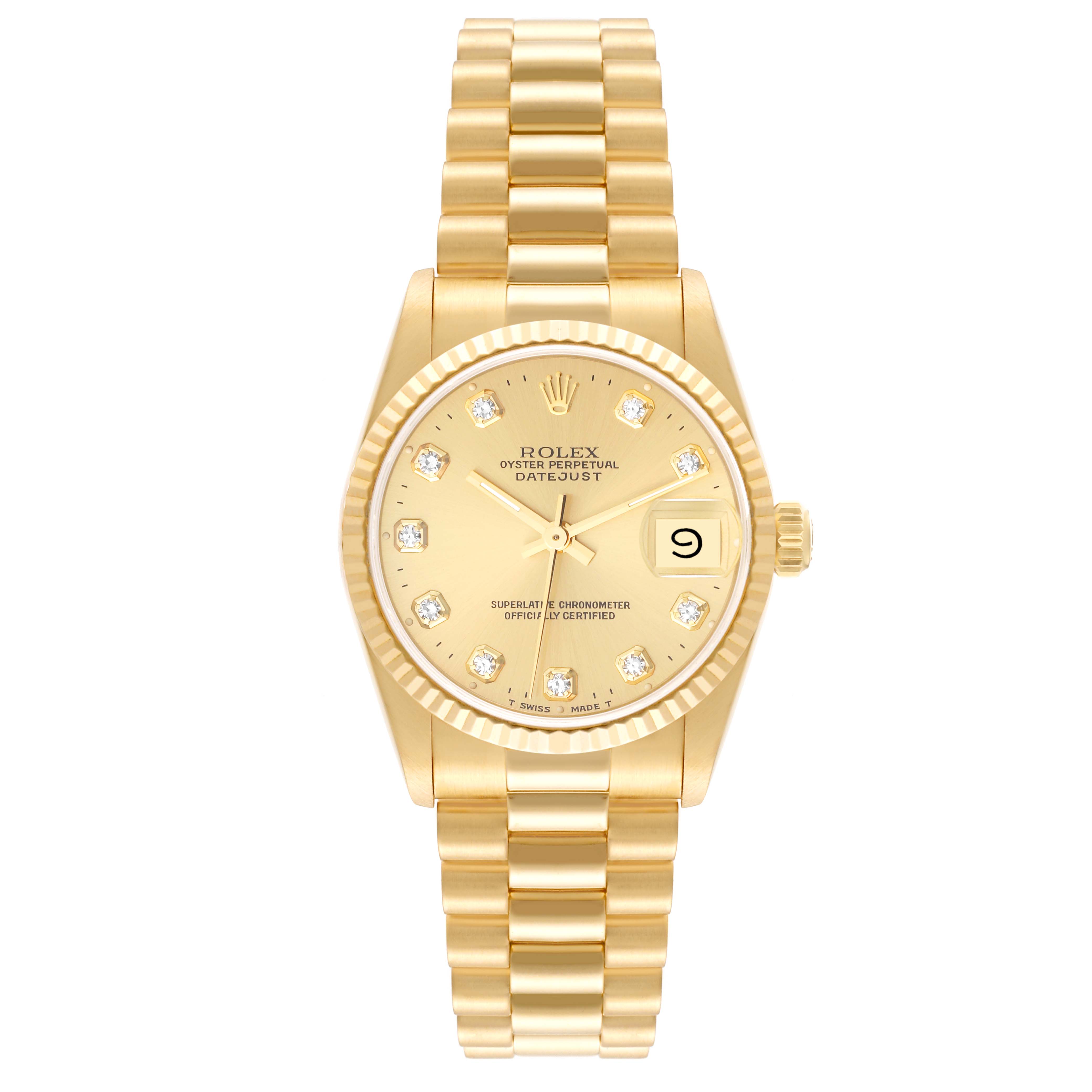 This image shows a front view of a Rolex President 68278 Women's Yellow Gold Champagne Dial 68278 Women's Yellow Gold Champagne Dial model watch, featuring the dial, bezel, and bracelet.