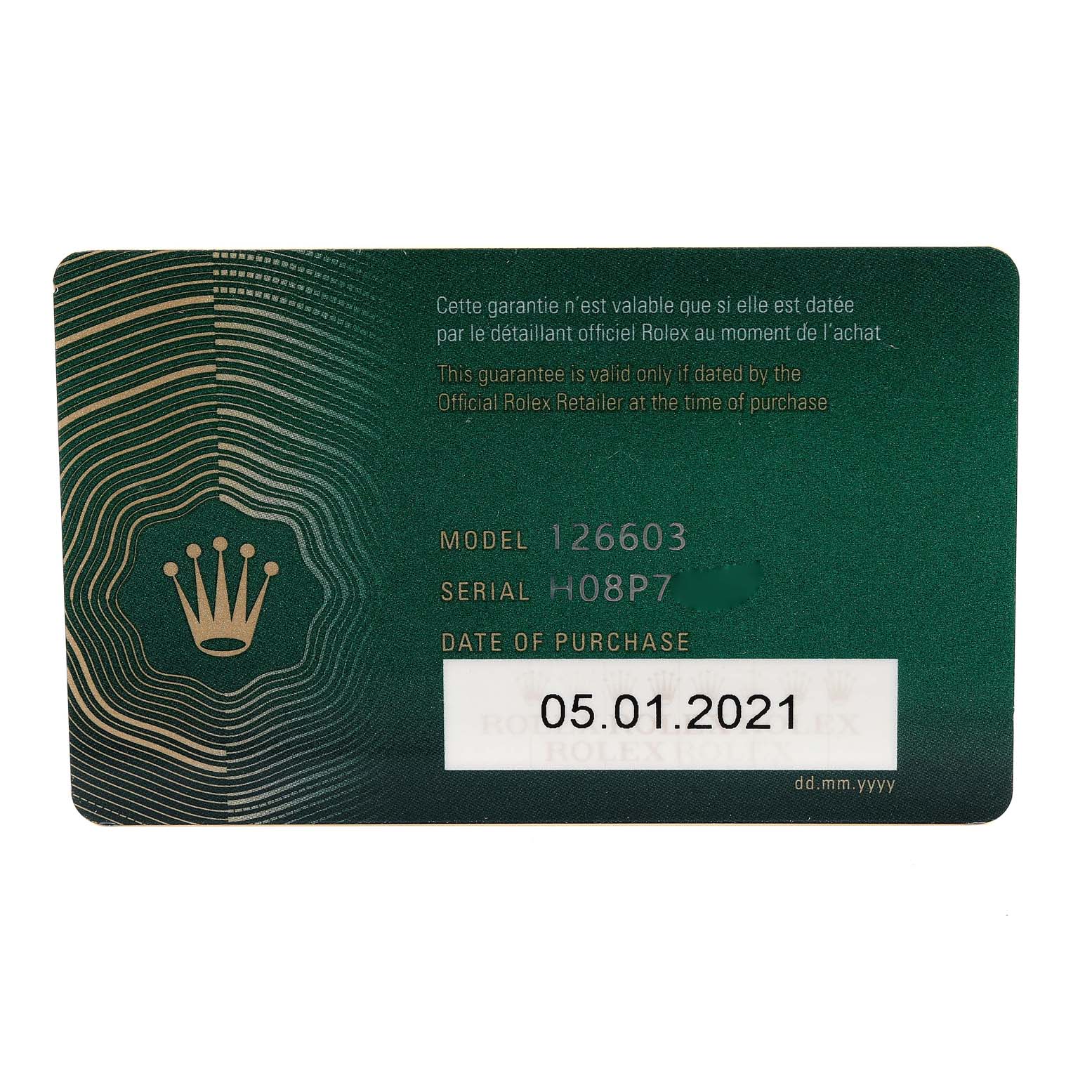 The image shows the warranty card for a Rolex Sea-Dweller 126603 Men
s Steel and Gold (two tone) Black Dial 126603 Men
s Steel and Gold (two tone) Black Dial model 126603, with purchase information and serial number.