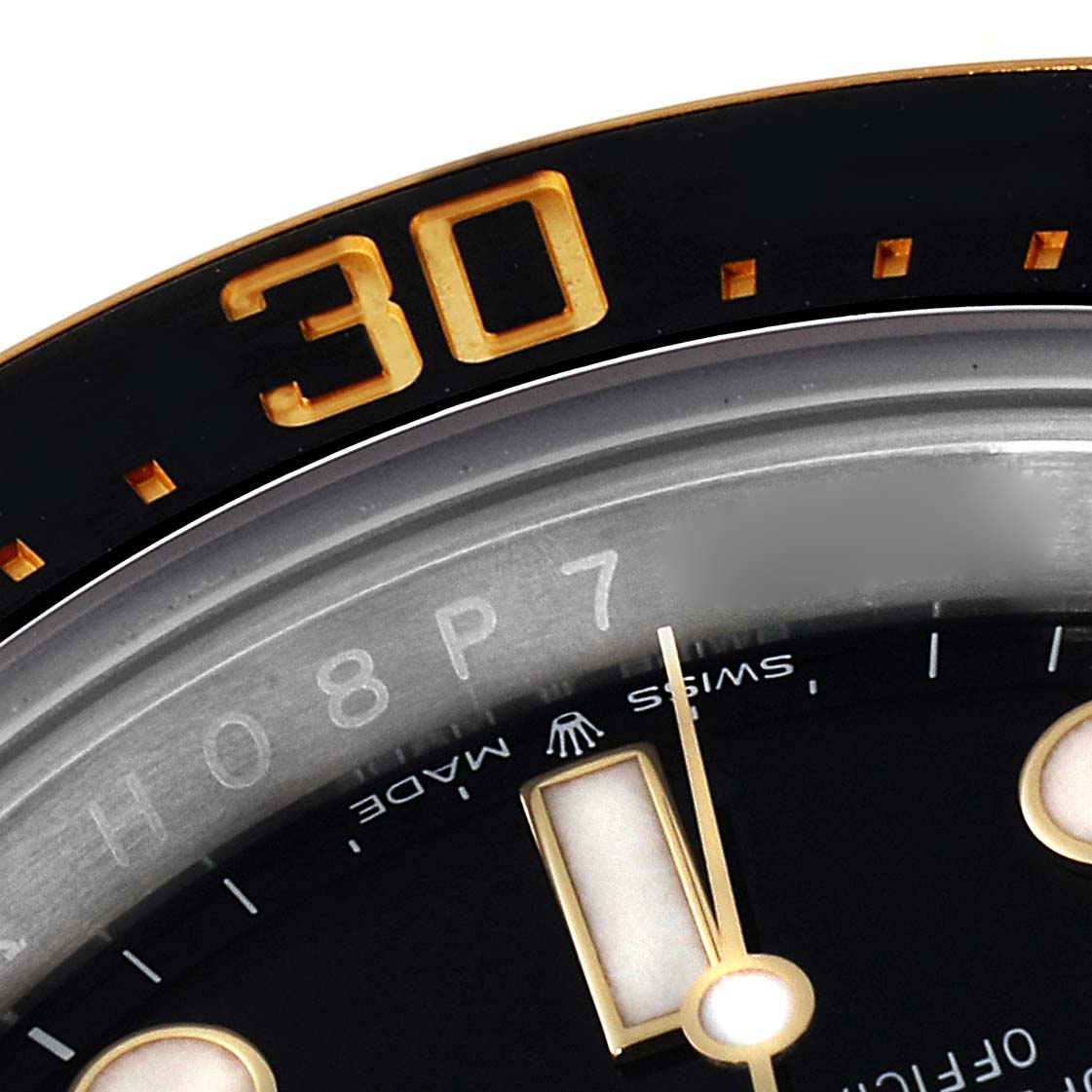 The image shows a close-up of the minute hand and partially of the bezel with the "30" marker on a Rolex Sea-Dweller 126603 Men
s Steel and Gold (two tone) Black Dial 126603 Men
s Steel and Gold (two tone) Black Dial watch.