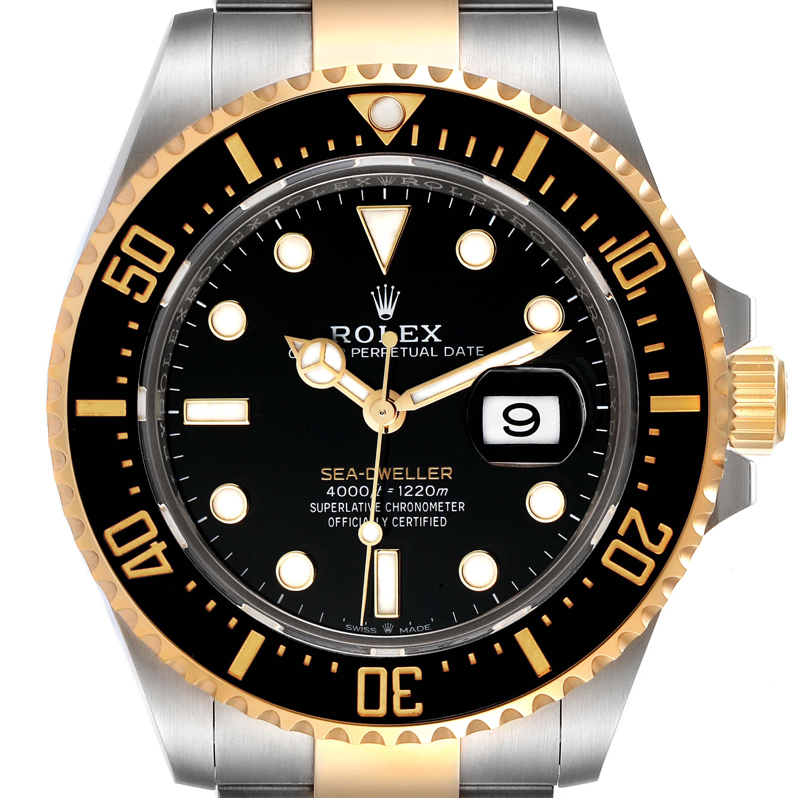 The image shows a front view of a Rolex Sea-Dweller 126603 Men
s Steel and Gold (two tone) Black Dial 126603 Men
s Steel and Gold (two tone) Black Dial watch, highlighting the dial, bezel, and date window.