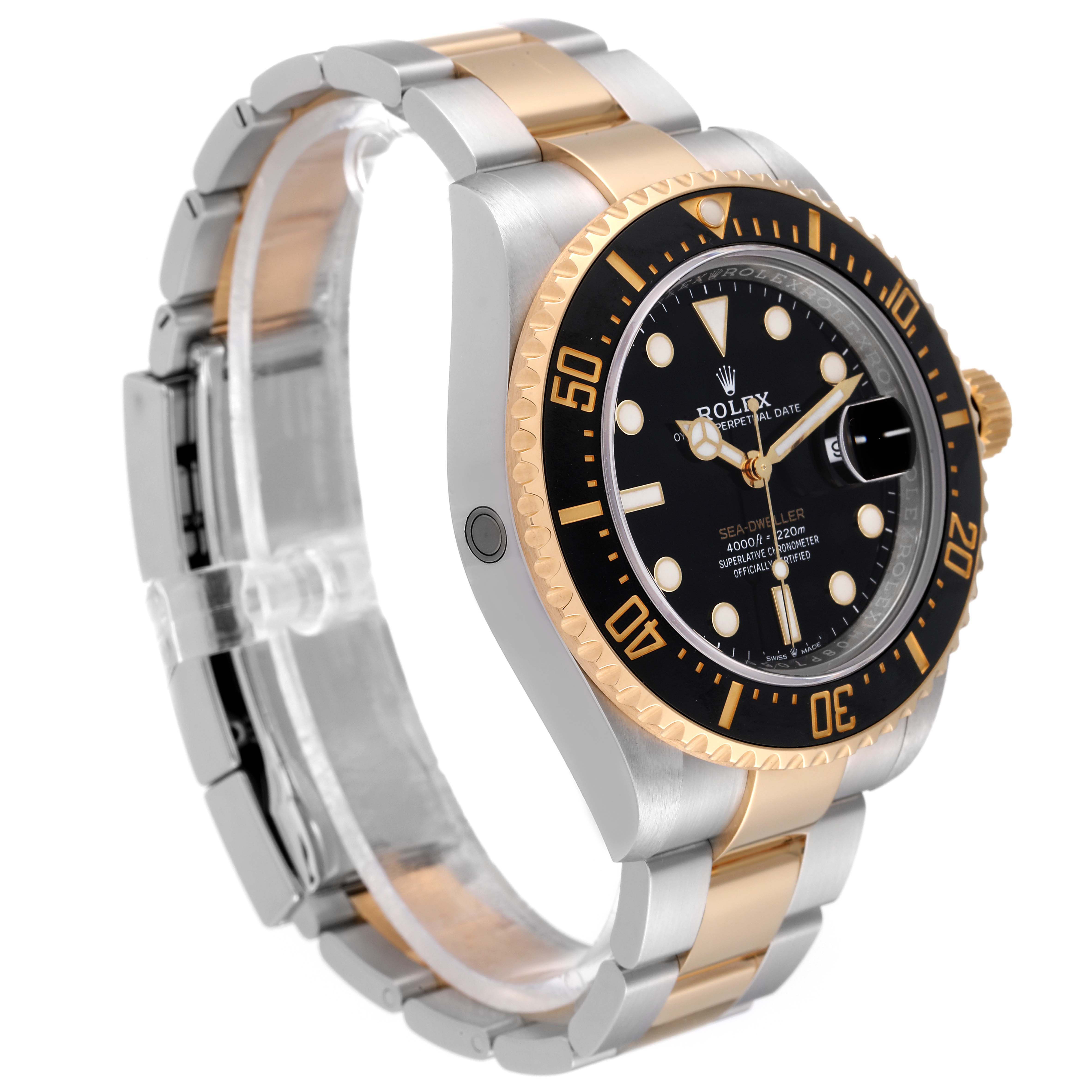 The image shows a Rolex Sea-Dweller 126603 Men
s Steel and Gold (two tone) Black Dial 126603 Men
s Steel and Gold (two tone) Black Dial watch from an angled side view, highlighting its black dial, gold and silver bracelet, and bezel.