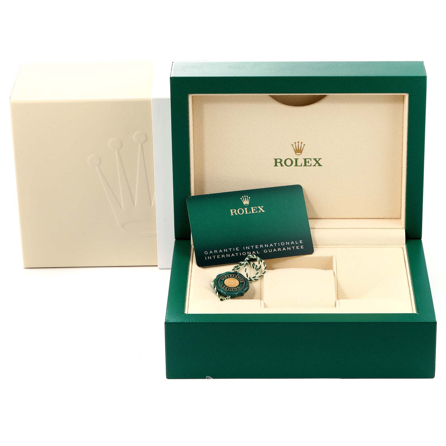 The image shows the opened box of a Rolex Sea-Dweller 126603 Men
s Steel and Gold (two tone) Black Dial 126603 Men
s Steel and Gold (two tone) Black Dial watch, displaying the warranty card and accessories from a top-down angle.