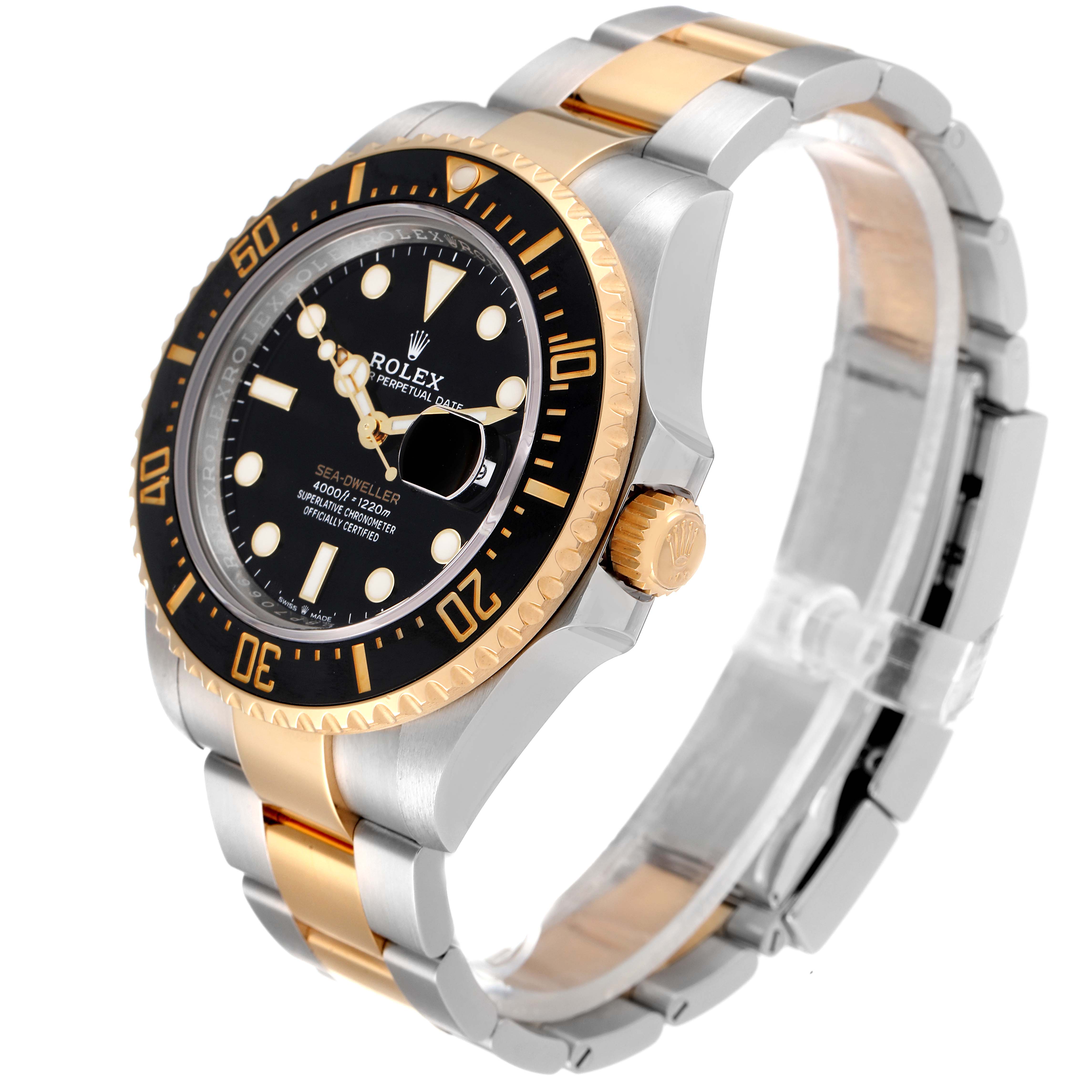 The Rolex Sea-Dweller 126603 Men
s Steel and Gold (two tone) Black Dial 126603 Men
s Steel and Gold (two tone) Black Dial watch is shown at a slightly angled side view, highlighting the bezel, face, and part of the bracelet.