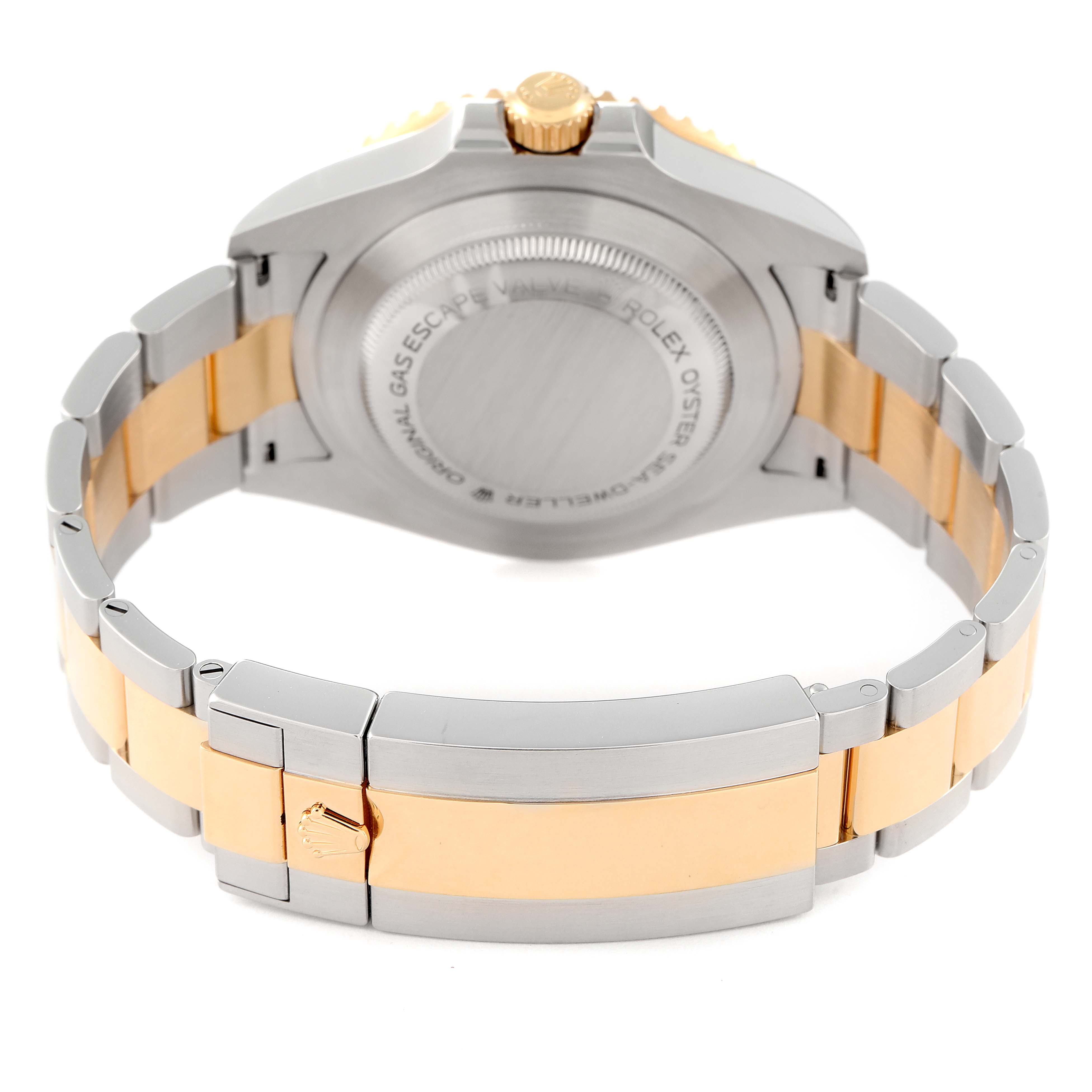 The image shows the back case and bracelet of a Rolex Sea-Dweller 126603 Men
s Steel and Gold (two tone) Black Dial 126603 Men
s Steel and Gold (two tone) Black Dial watch, highlighting its two-tone design and clasp.