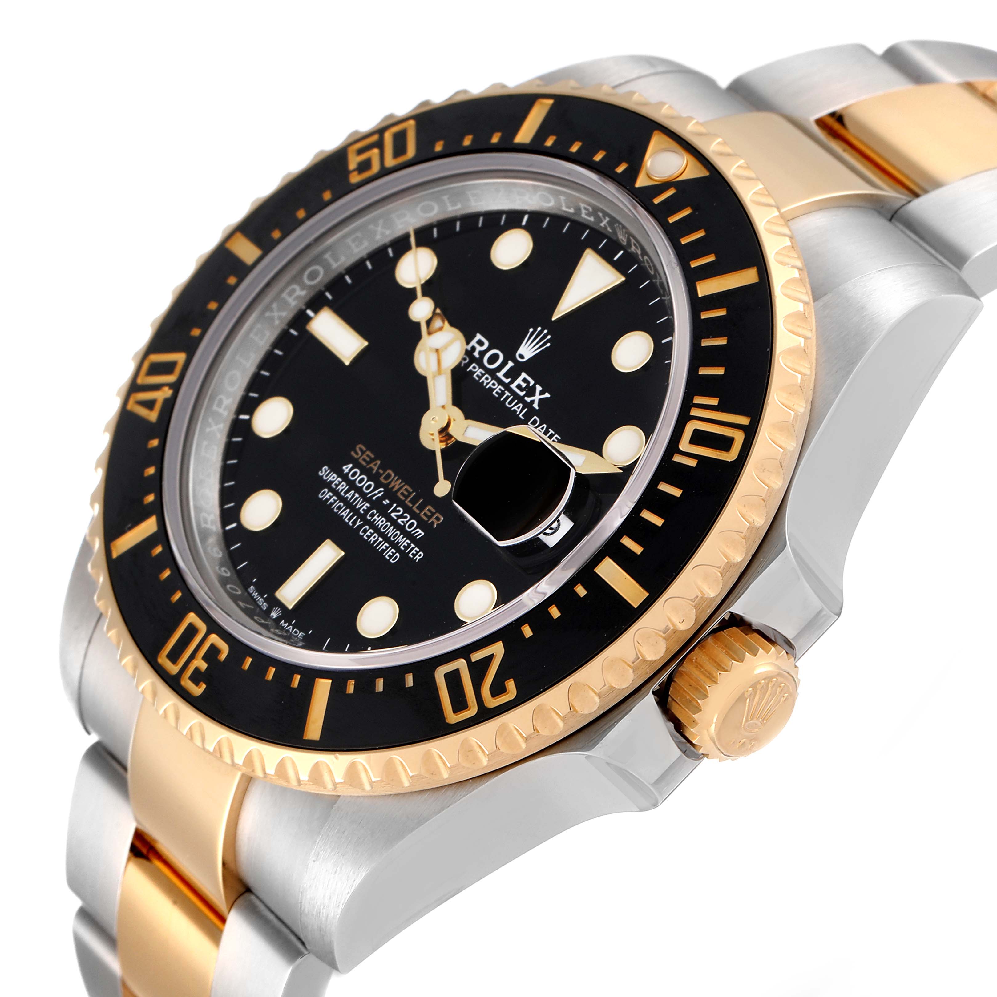 The image shows a Rolex Sea-Dweller 126603 Men
s Steel and Gold (two tone) Black Dial 126603 Men
s Steel and Gold (two tone) Black Dial watch at a slight angle, highlighting the dial, bezel, crown, and part of the bracelet.