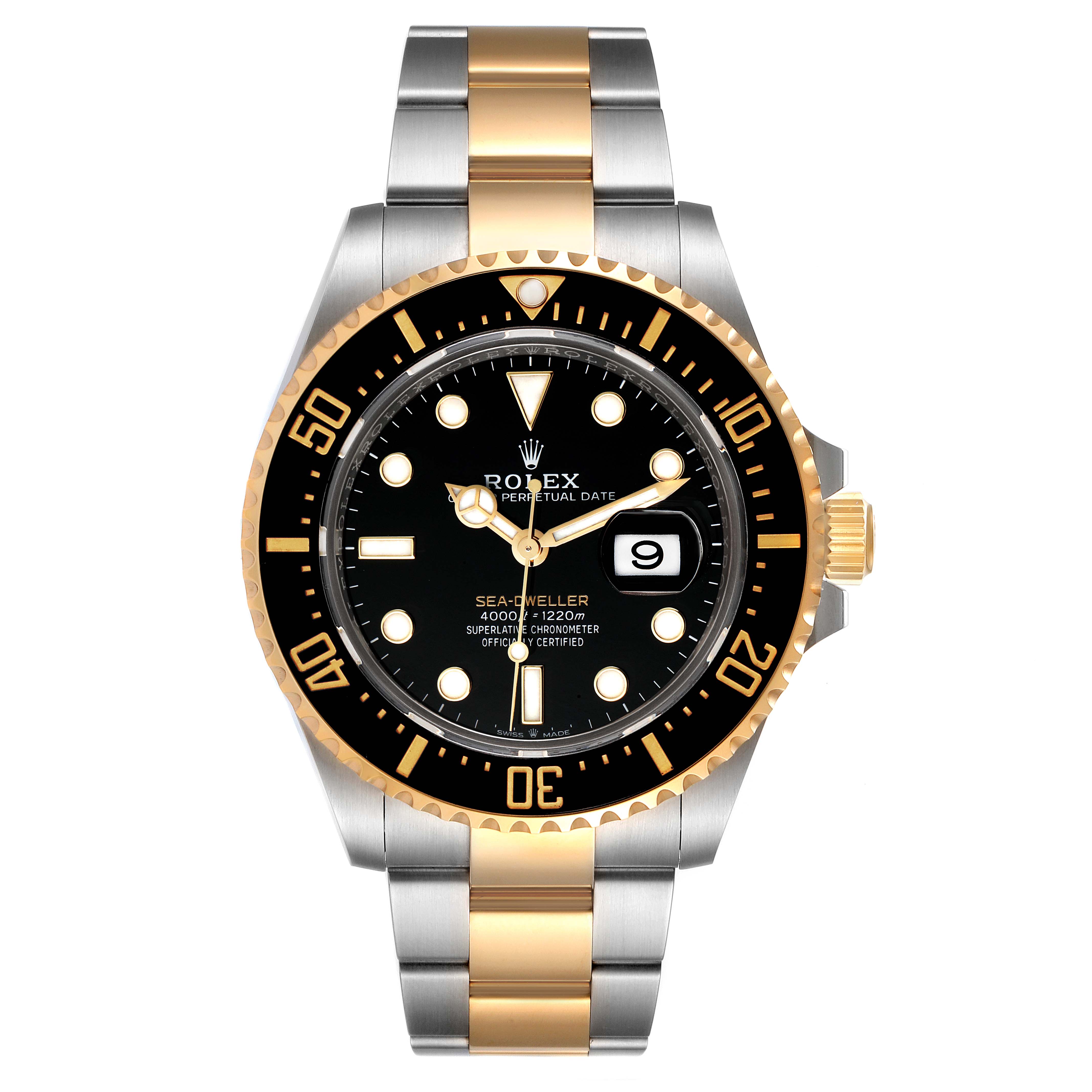 The image shows a front view of a Rolex Sea-Dweller 126603 Men
s Steel and Gold (two tone) Black Dial 126603 Men
s Steel and Gold (two tone) Black Dial watch with a black dial, gold and silver bracelet, and date display.