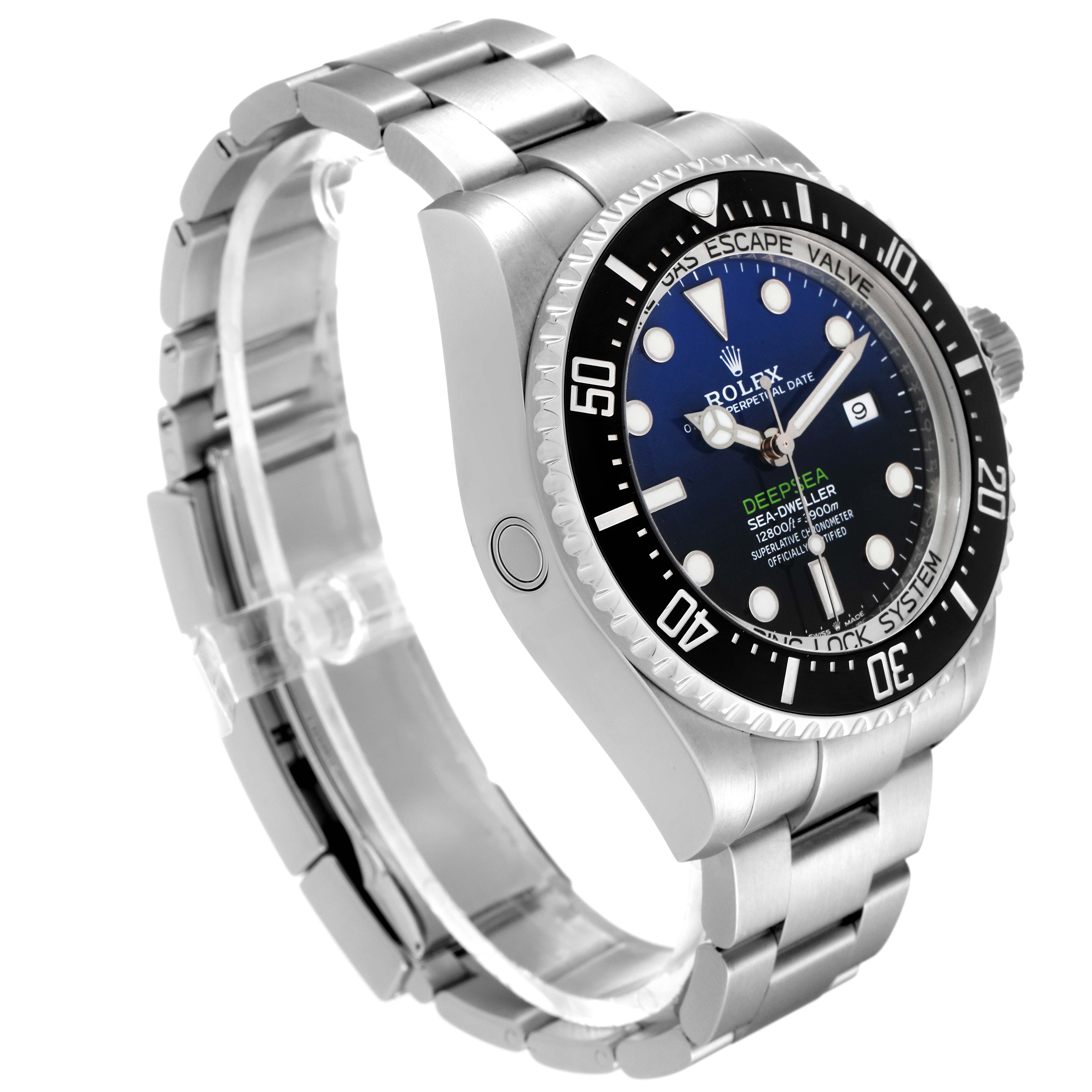 The image displays a side angle of the Rolex Sea-Dweller 126660 Men
s Stainless Steel Blue Dial 126660 Men
s Stainless Steel Blue Dial watch, featuring its bezel, dial, and stainless steel bracelet.
