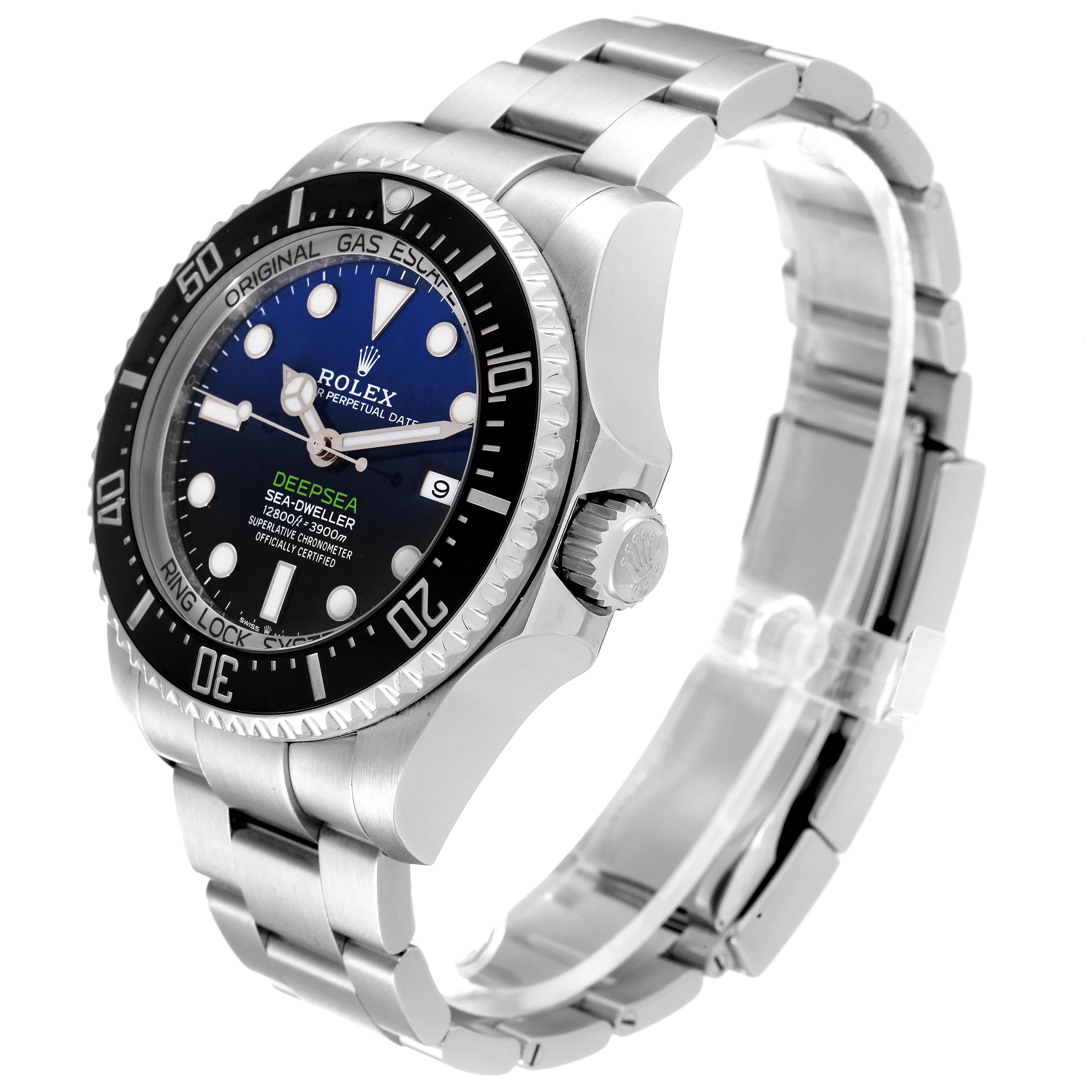 The image shows a side view angle of a Rolex Sea-Dweller 126660 Men
s Stainless Steel Blue Dial 126660 Men
s Stainless Steel Blue Dial watch, highlighting its face, bezel, crown, and bracelet.