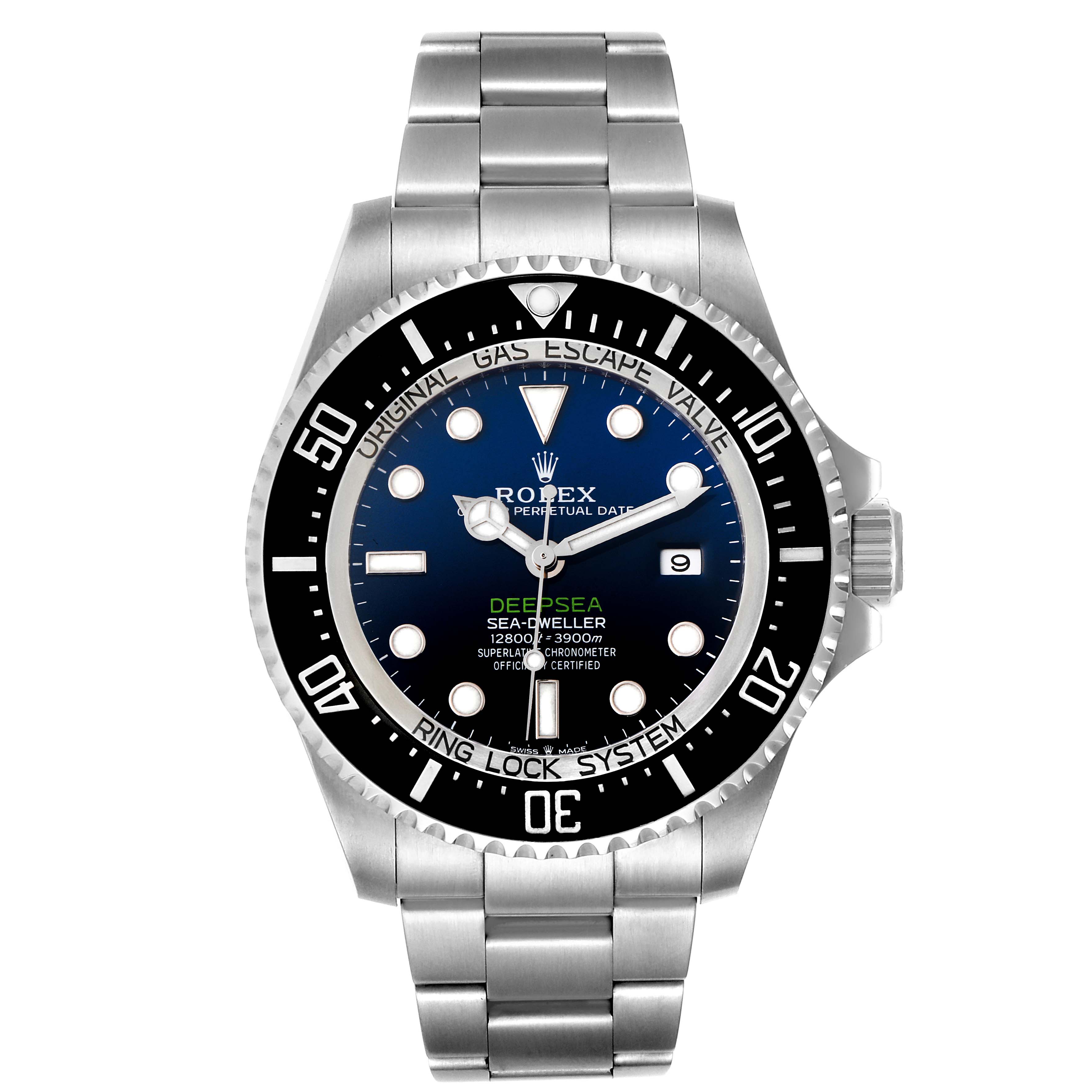The image shows a front view of the Rolex Sea-Dweller 126660 Men
s Stainless Steel Blue Dial 126660 Men
s Stainless Steel Blue Dial watch, displaying its dial, bezel, and bracelet.