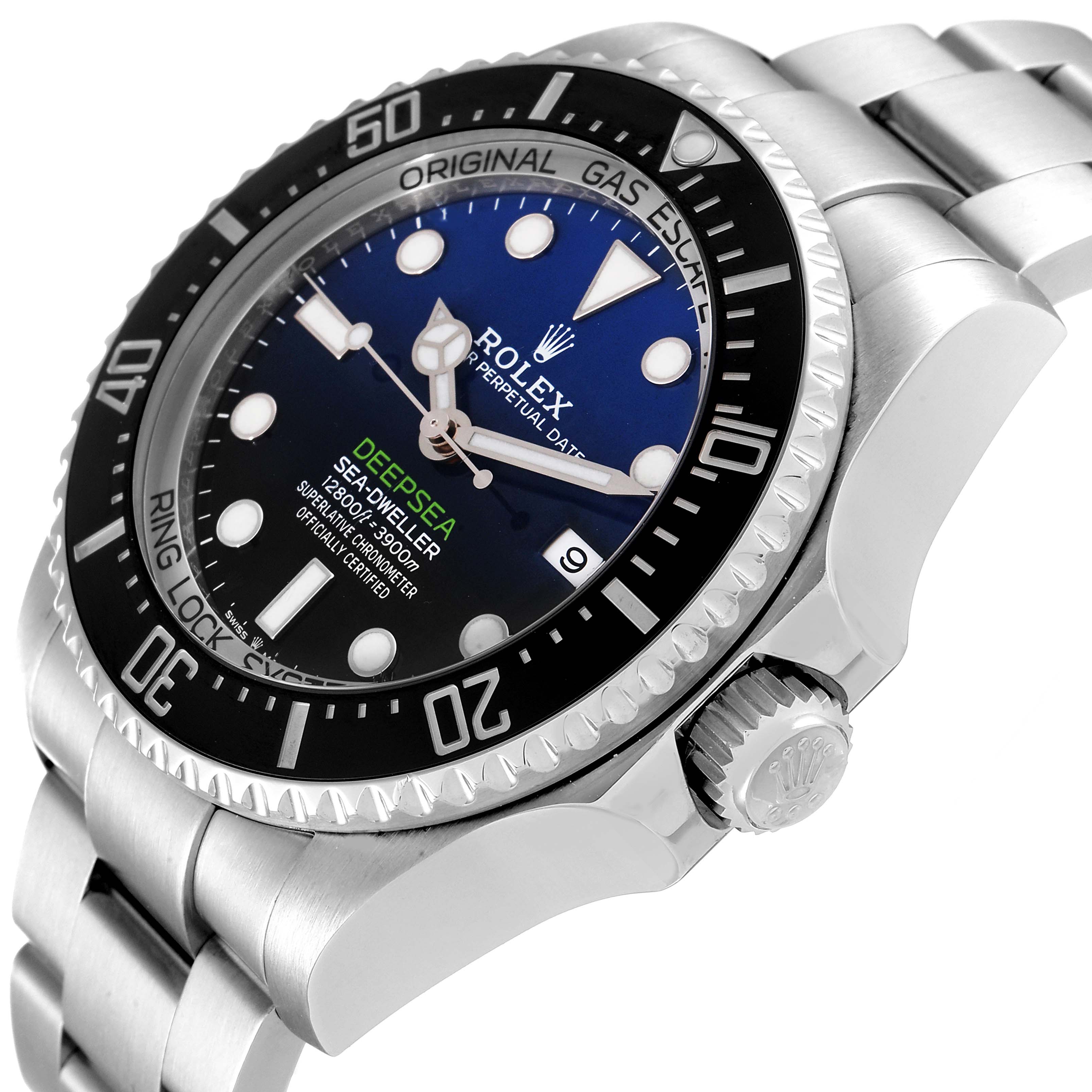 This image shows the Rolex Sea-Dweller 126660 Men
s Stainless Steel Blue Dial 126660 Men
s Stainless Steel Blue Dial watch from a side angle, featuring its bezel, dial, and crown.
