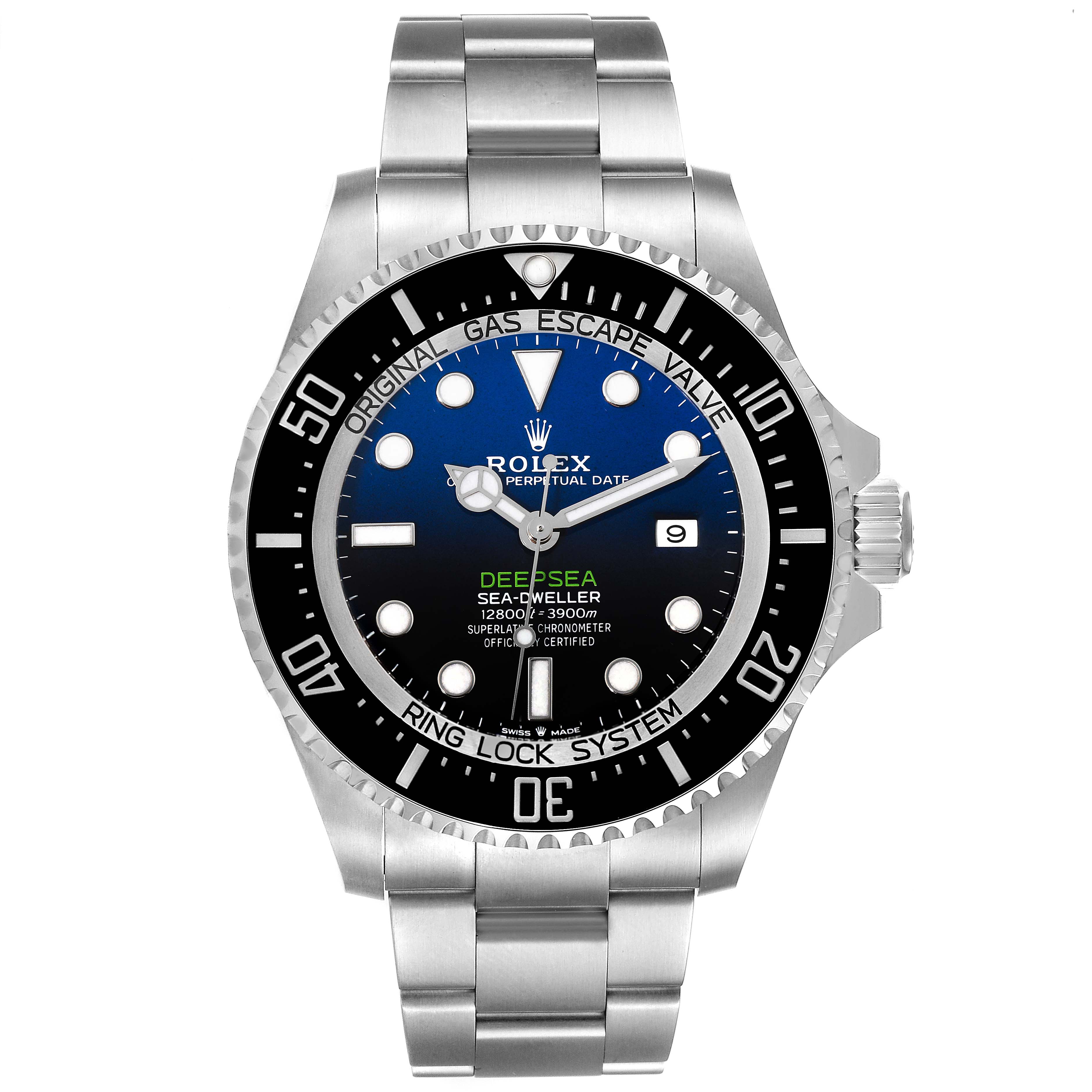 The image shows a frontal view of the Rolex Sea-Dweller 126660 Men
s Stainless Steel Blue Dial 126660 Men
s Stainless Steel Blue Dial watch, displaying the dial, bezel, and bracelet.
