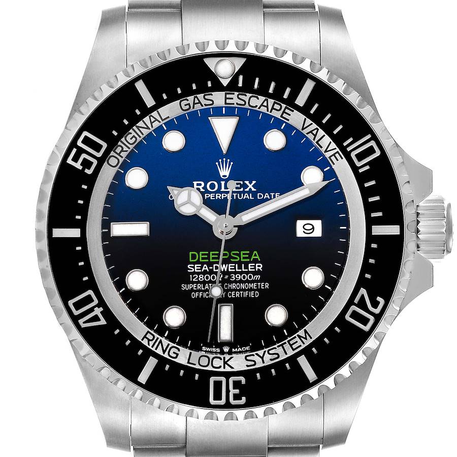 The image shows a front view of the Rolex Sea-Dweller watch, highlighting its face, bezel, crown, and part of the stainless steel bracelet.