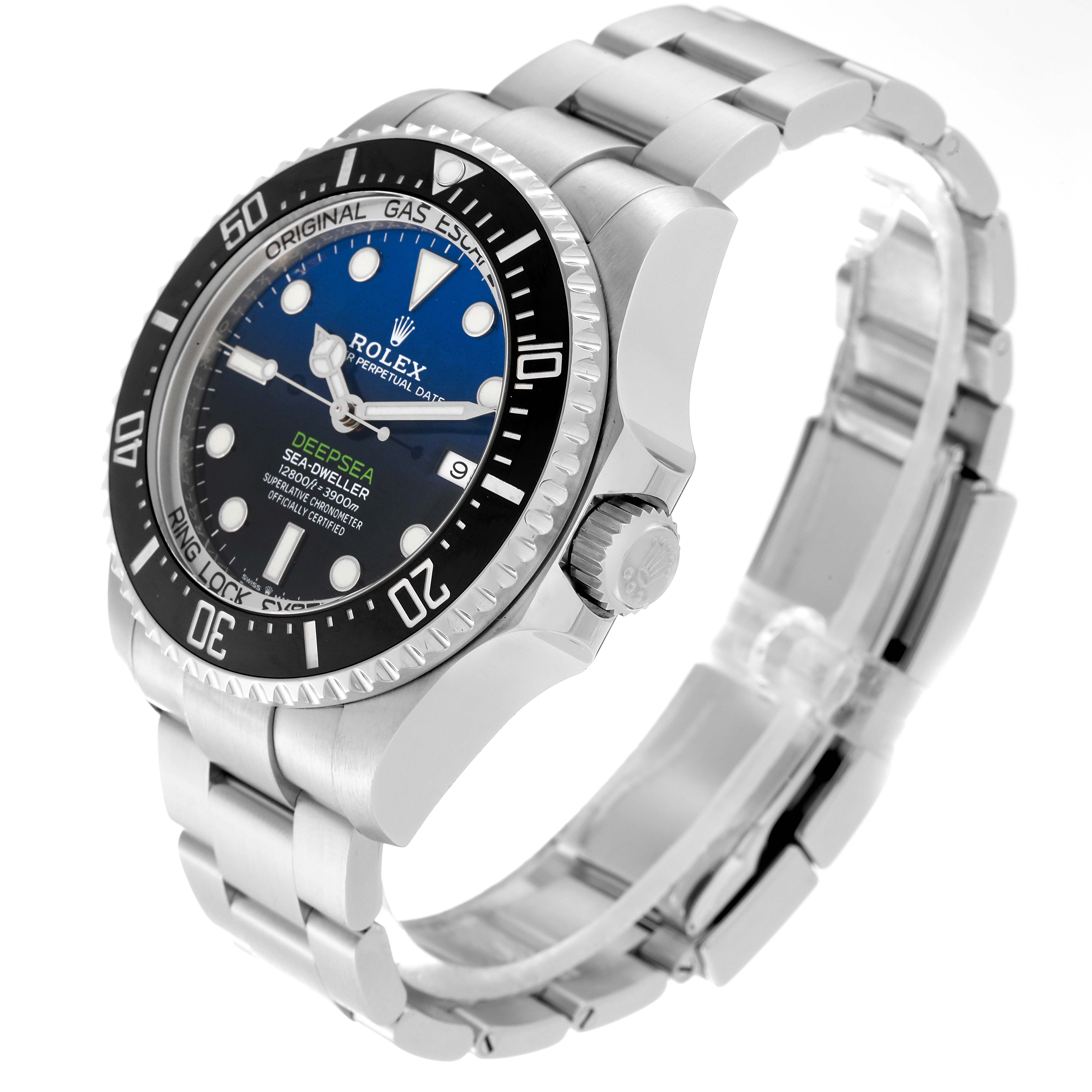 The Rolex Sea-Dweller 126660 Men
s Stainless Steel Blue Dial 126660 Men
s Stainless Steel Blue Dial watch is shown at a slight angle from the side, displaying the face, bezel, crown, and metal bracelet.