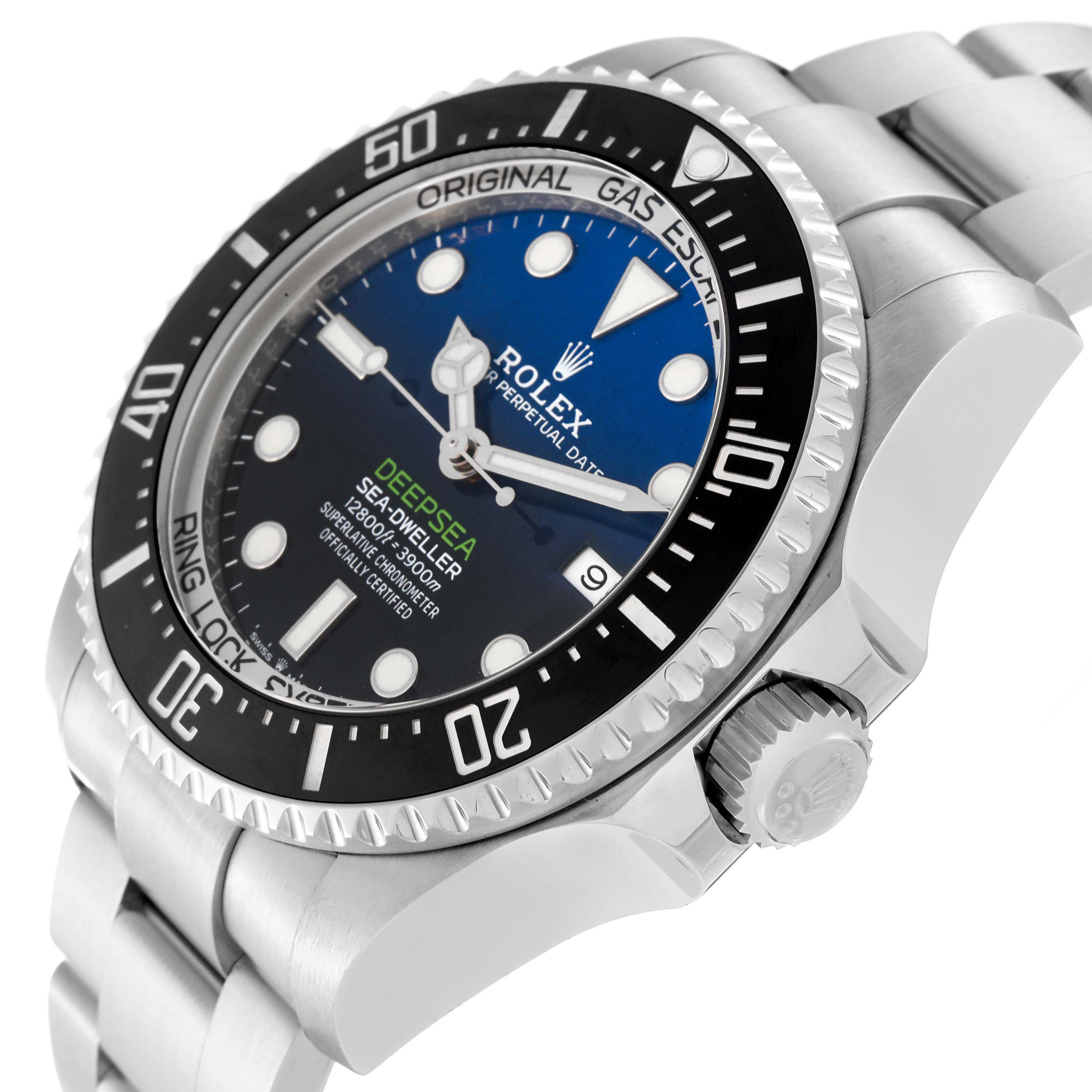 The image shows a side angle of the Rolex Sea-Dweller 126660 Men
s Stainless Steel Blue Dial 126660 Men
s Stainless Steel Blue Dial watch, highlighting the dial, bezel, crown, and part of the bracelet.