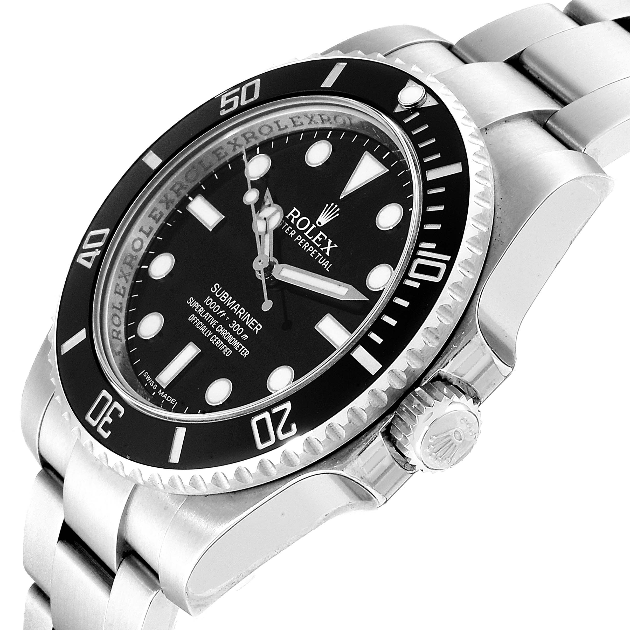 The Rolex Submariner 114060 Men
s Stainless Steel Black Dial 114060 Men
s Stainless Steel Black Dial watch is shown from an angled side view, displaying the bezel, dial, crown, and part of the bracelet.