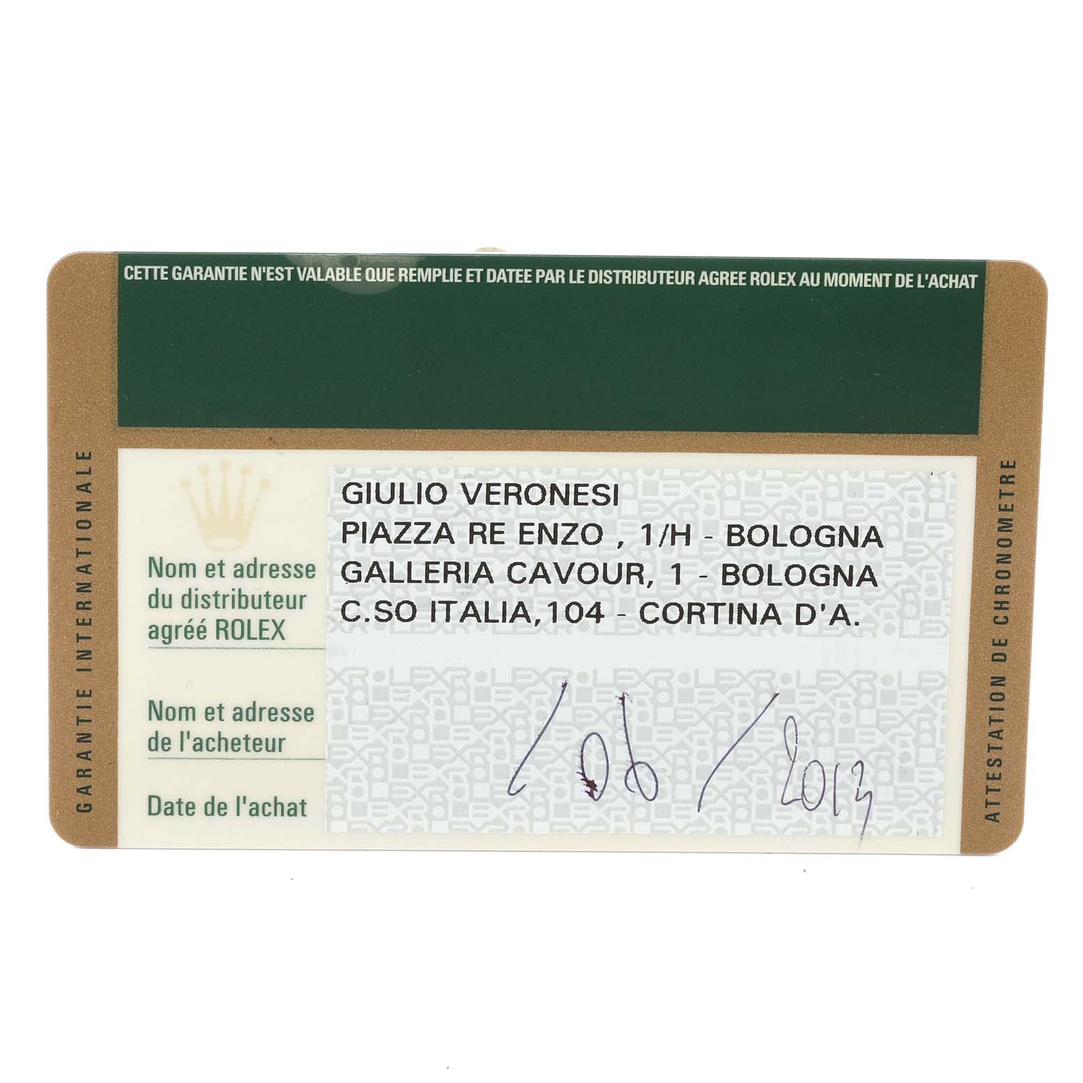 The image shows the warranty card for a Rolex Submariner 114060 Men
s Stainless Steel Black Dial 114060 Men
s Stainless Steel Black Dial watch from a straight-on angle.