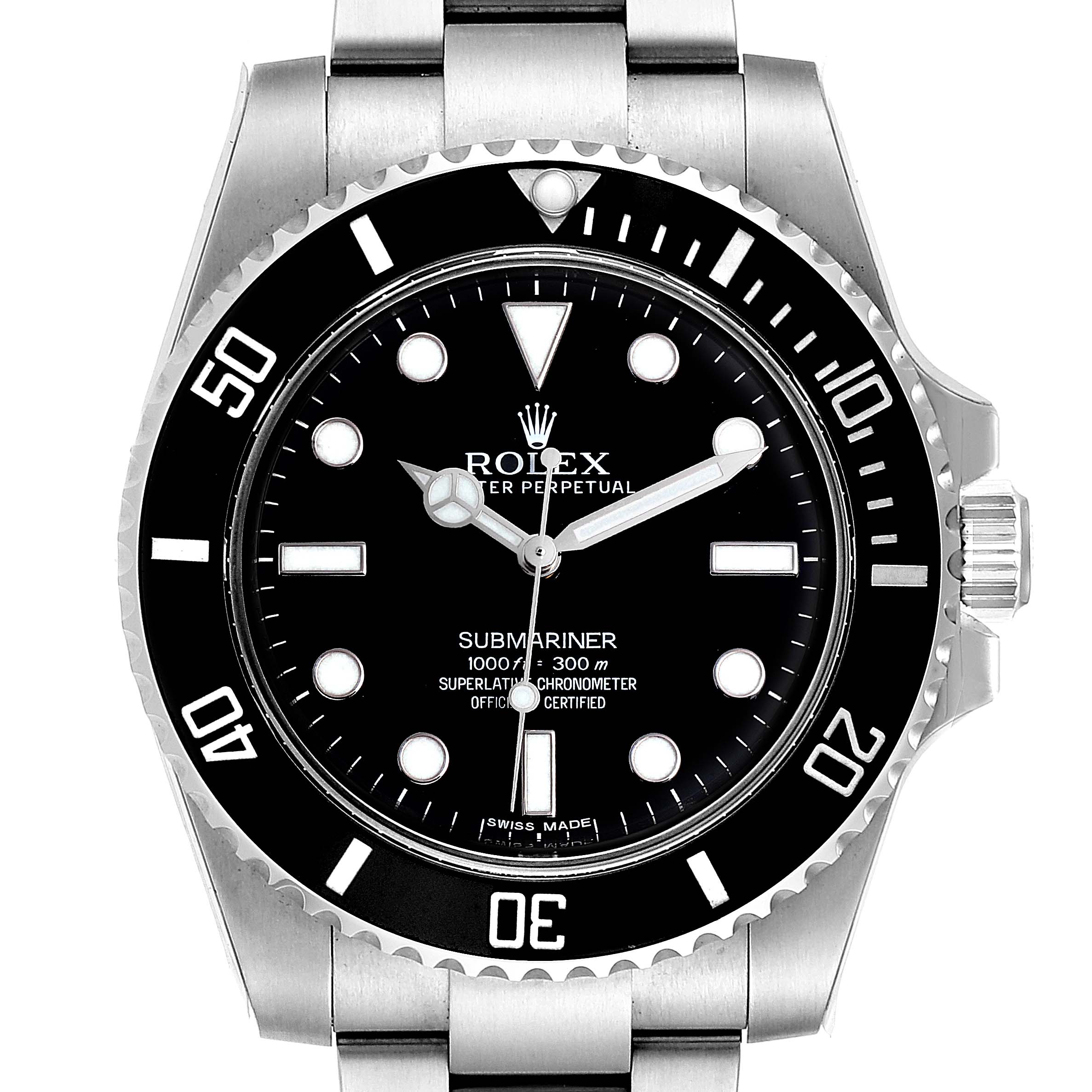 This image shows a front view of the Rolex Submariner 114060 Men
s Stainless Steel Black Dial 114060 Men
s Stainless Steel Black Dial watch, highlighting the dial, bezel, and part of the bracelet.