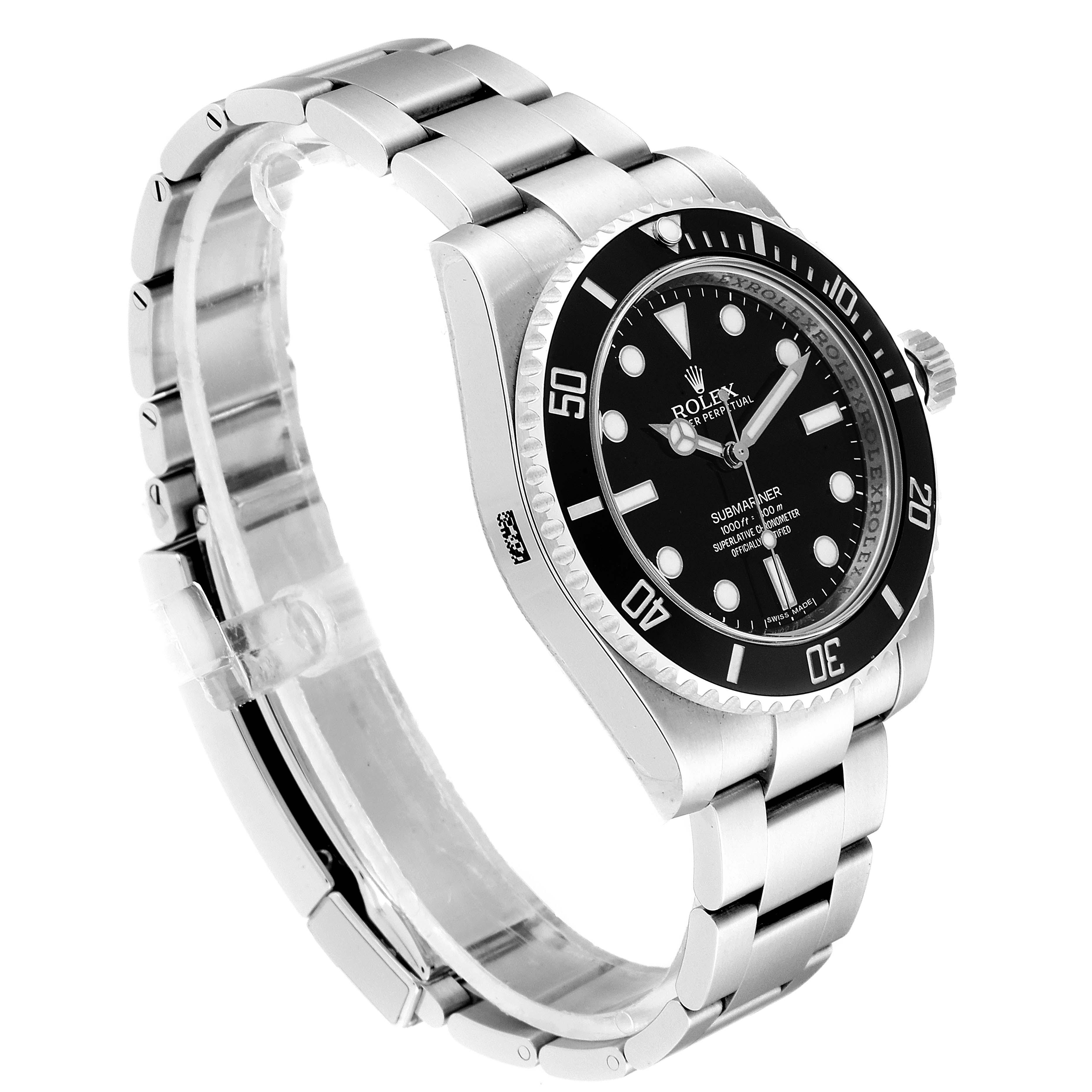 This image shows a Rolex Submariner 114060 Men
s Stainless Steel Black Dial 114060 Men
s Stainless Steel Black Dial watch at a three-quarter angle, highlighting the face, bezel, and bracelet.