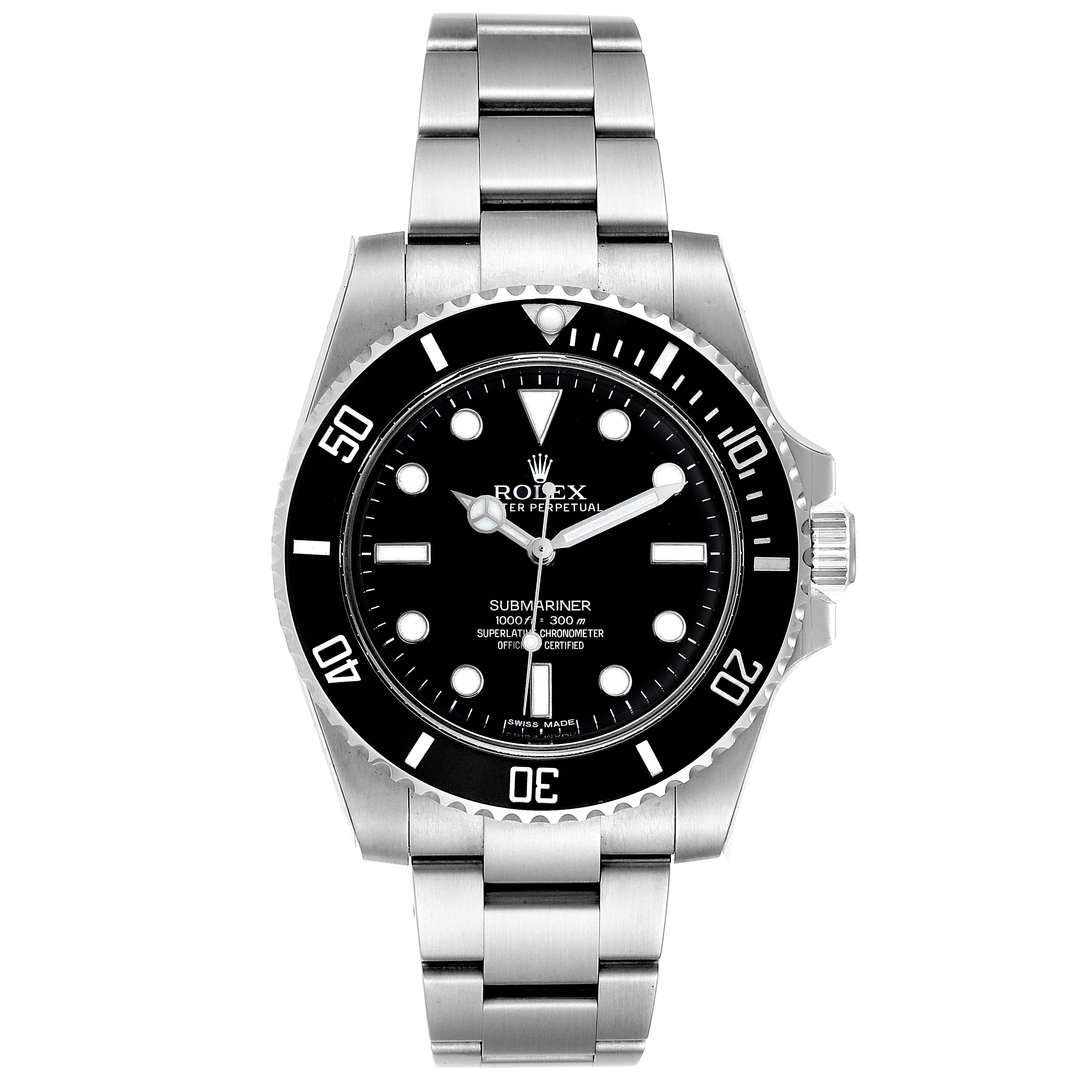 The image shows a full front view of a Rolex Submariner 114060 Men
s Stainless Steel Black Dial 114060 Men
s Stainless Steel Black Dial, including the dial, bezel, and bracelet.
