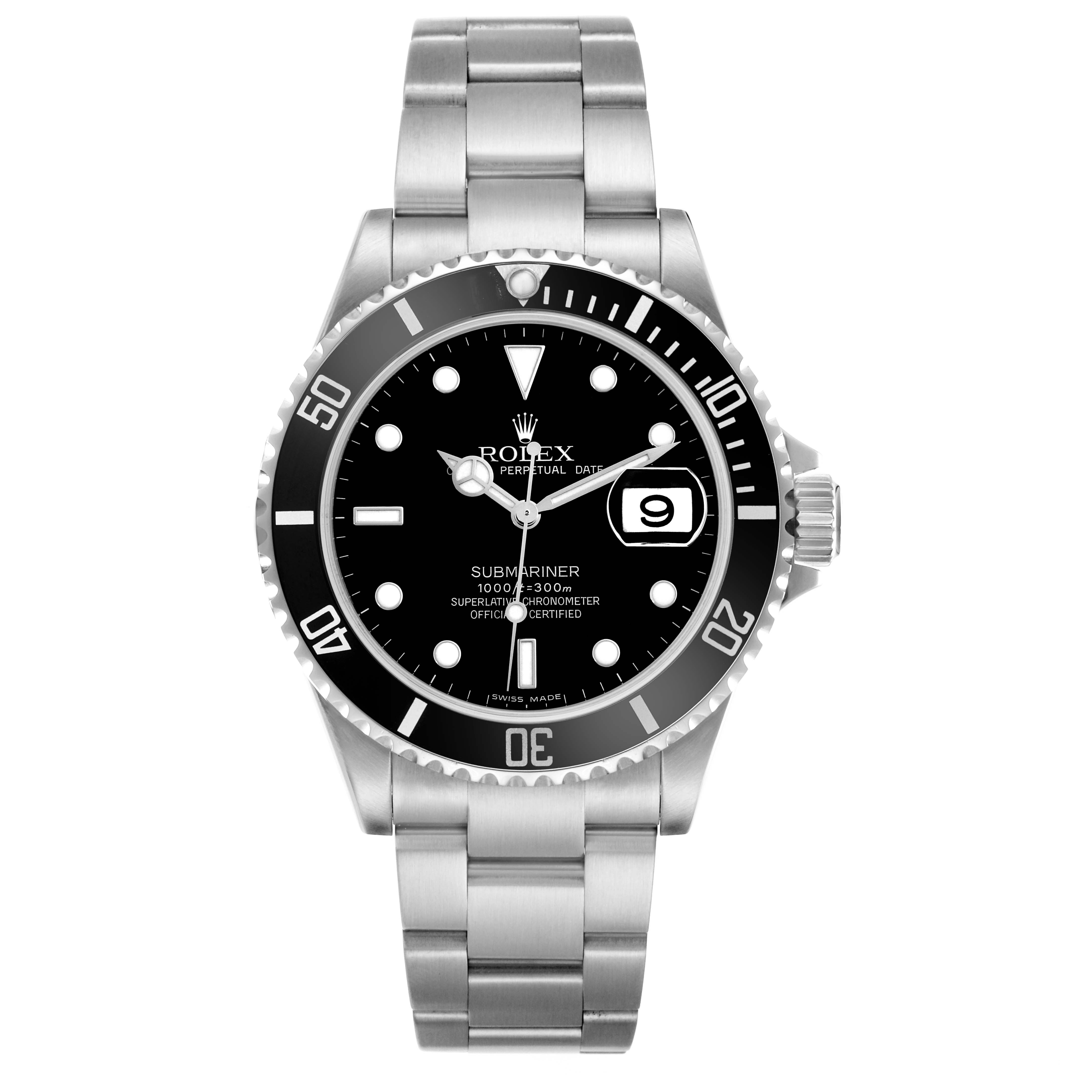 The image shows a front view of the Rolex Submariner 16610 Men
s Stainless Steel Black Dial 16610 Men
s Stainless Steel Black Dial, displaying the dial, bezel, bracelet, and date window.