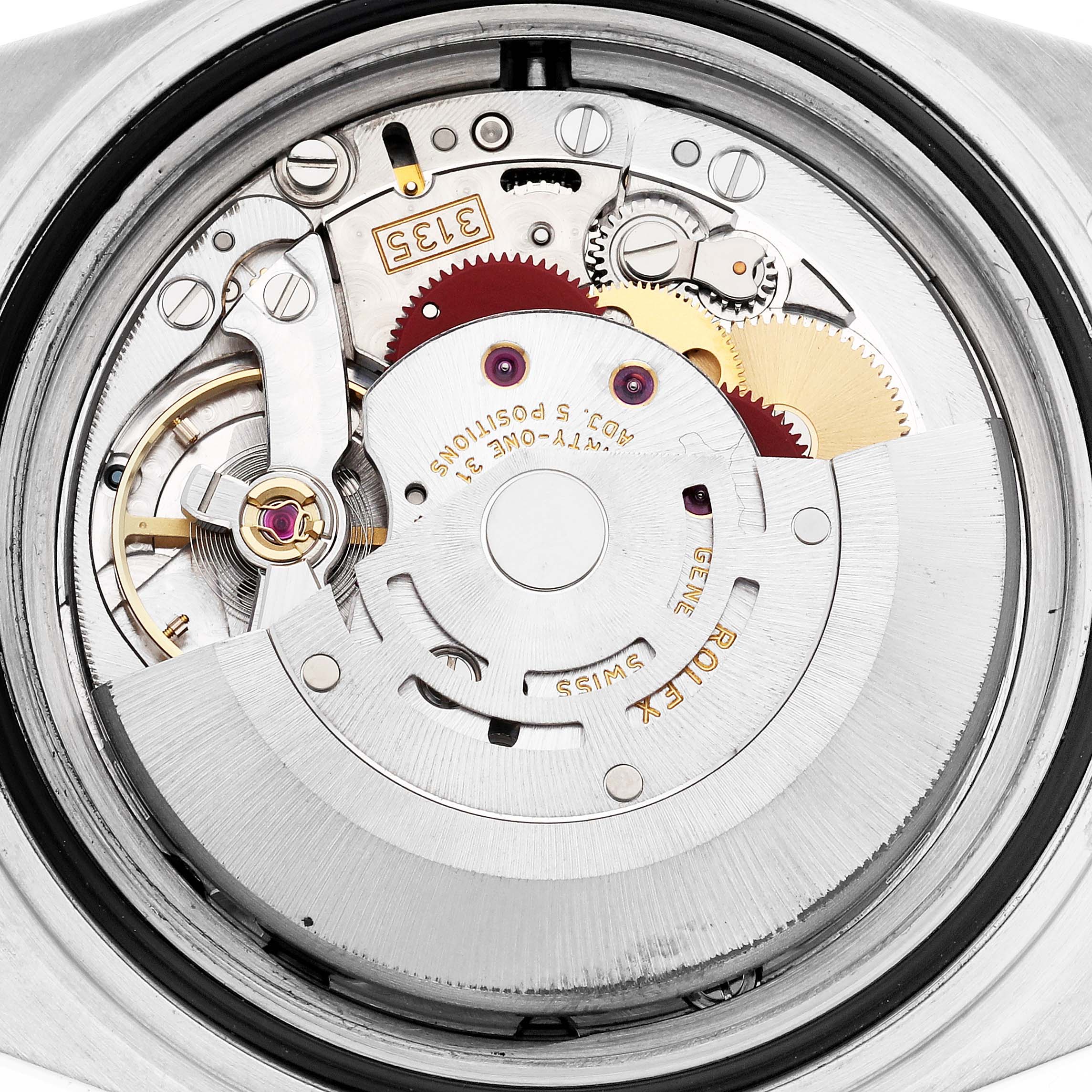 The image shows the internal movement mechanism of a Rolex Submariner 16610 Men
s Stainless Steel Black Dial 16610 Men
s Stainless Steel Black Dial watch from a top-down angle.