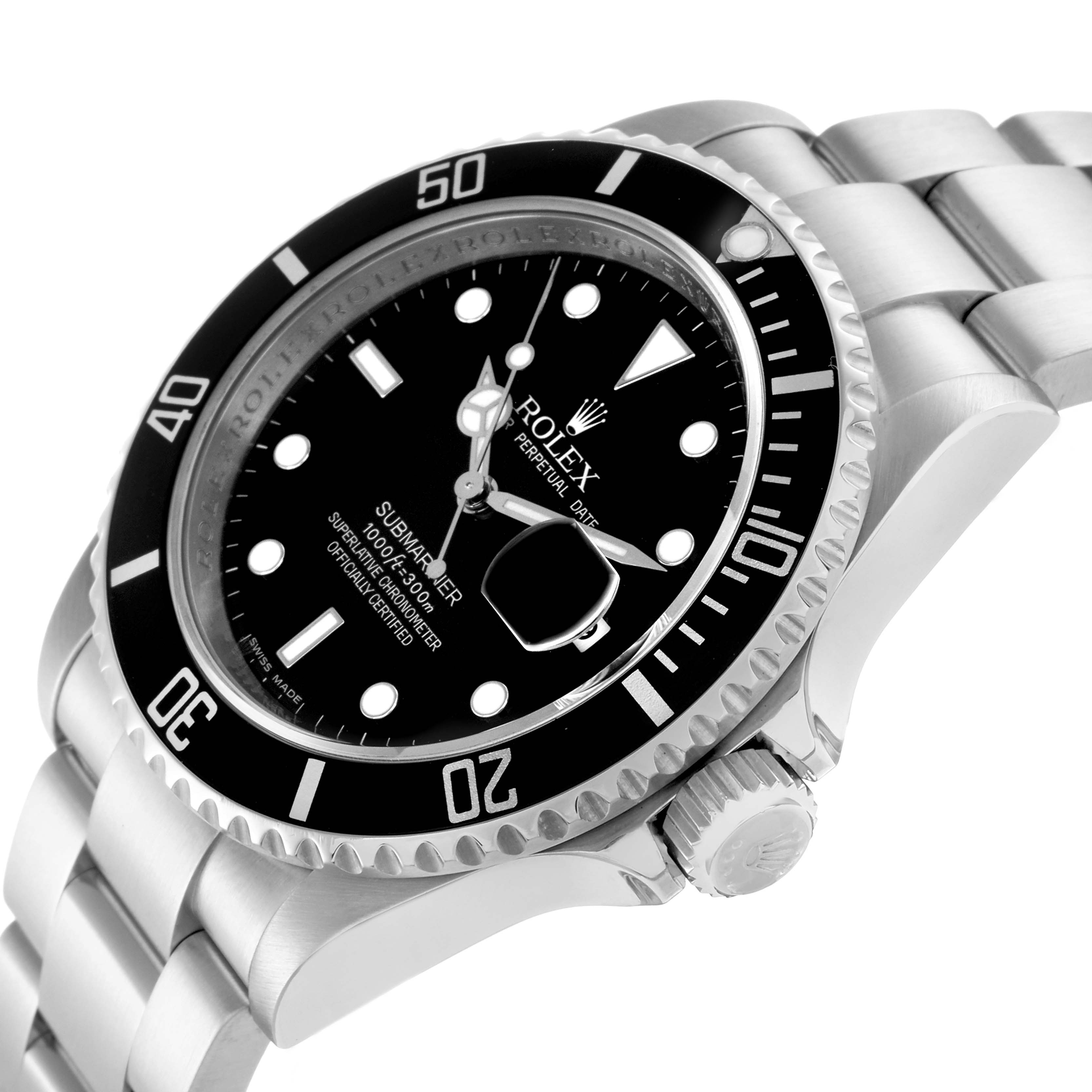 The Rolex Submariner 16610 Men
s Stainless Steel Black Dial 16610 Men
s Stainless Steel Black Dial watch is shown at a slight angle, highlighting the dial, bezel, crown, and part of the bracelet.