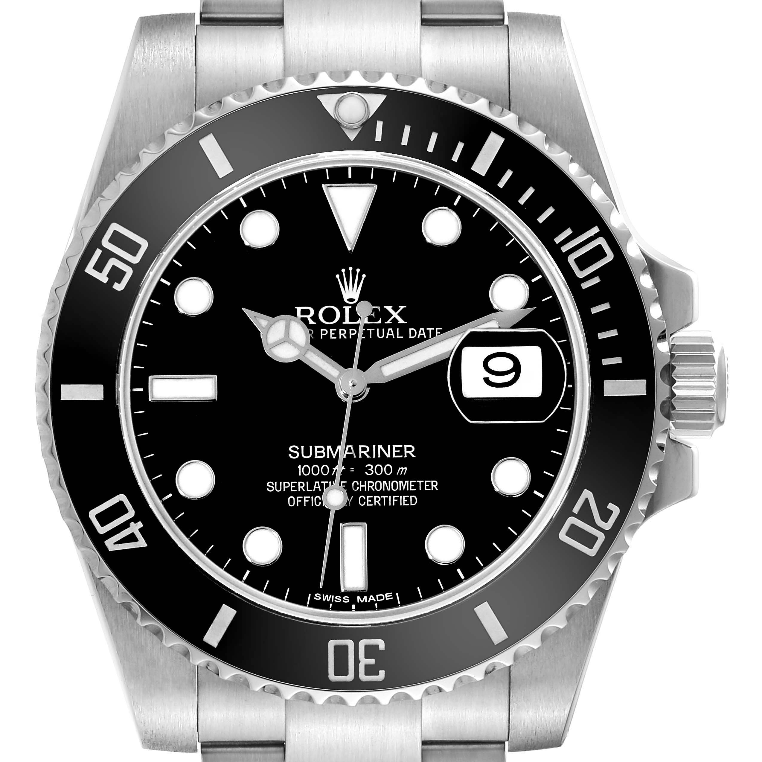 This image shows a front view of a Rolex Submariner 116610 Men
s Stainless Steel Black Dial 116610 Men
s Stainless Steel Black Dial watch, highlighting its dial, bezel, hands, and bracelet.