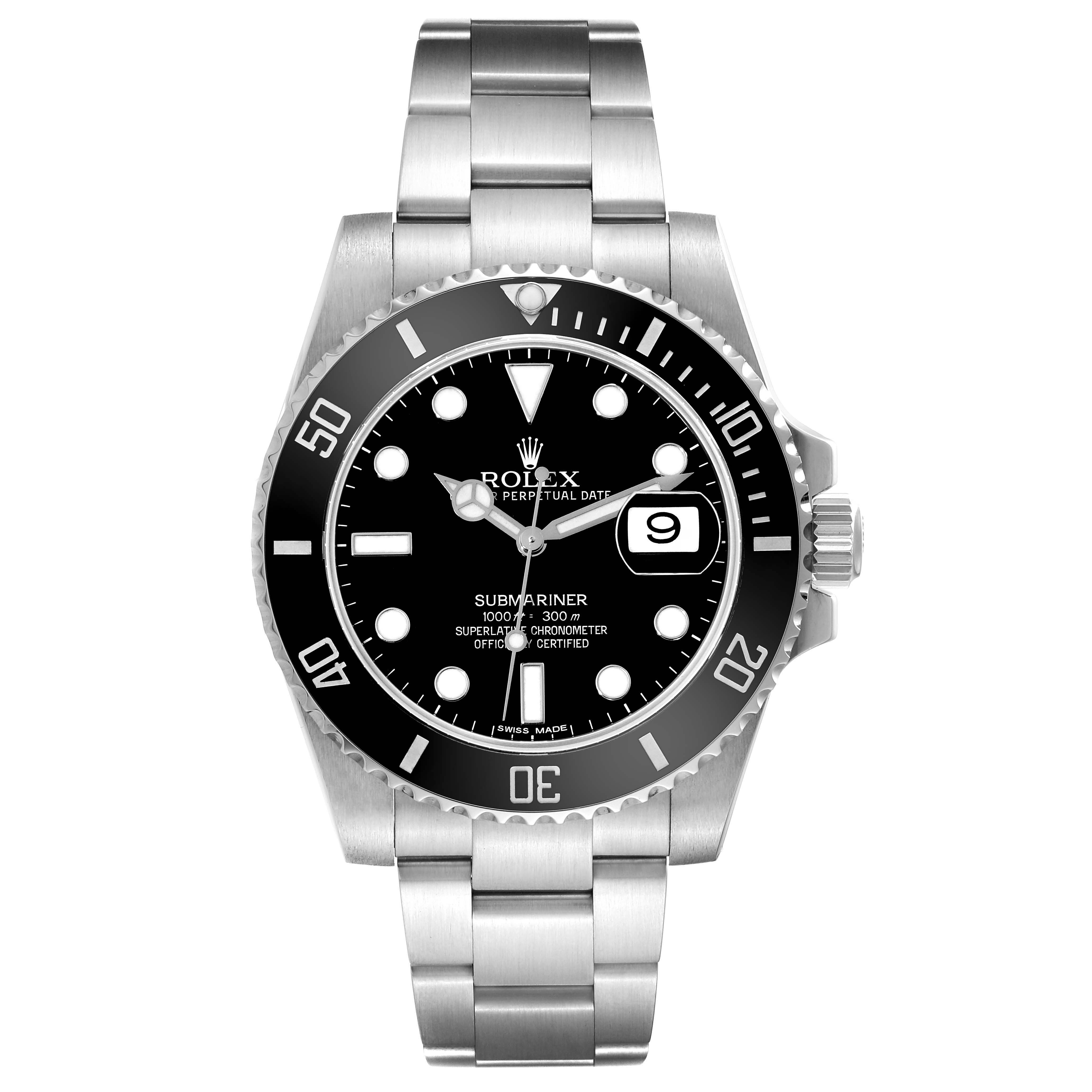 The image shows a frontal view of a Rolex Submariner 116610 Men
s Stainless Steel Black Dial 116610 Men
s Stainless Steel Black Dial watch, displaying its black bezel, dial, and metal bracelet.