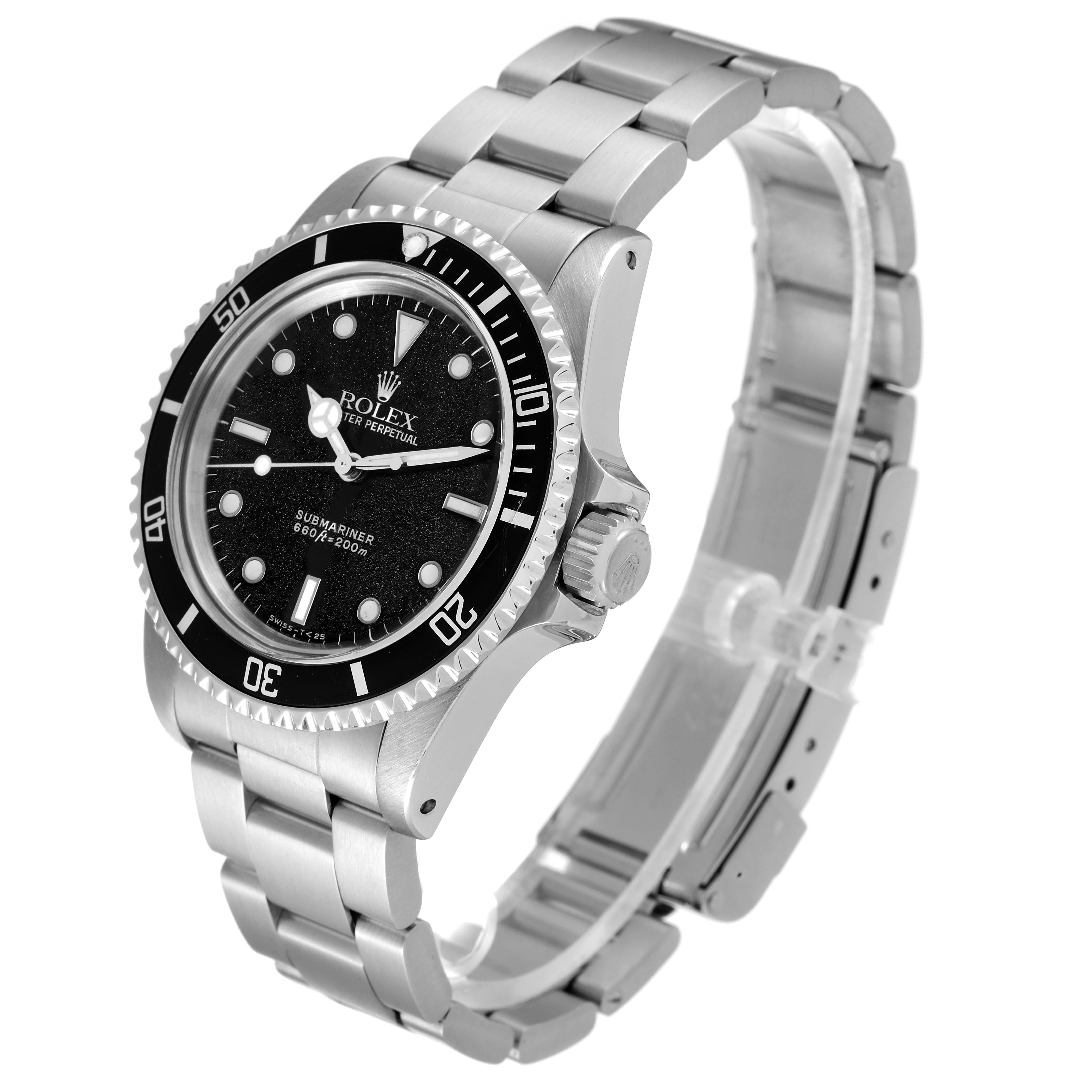 This image shows a side angle of a Rolex Vintage Collection 5513 Men's Stainless Steel Black Dial 5513 Men's Stainless Steel Black Dial model watch, highlighting its bezel, crown, and stainless steel bracelet.