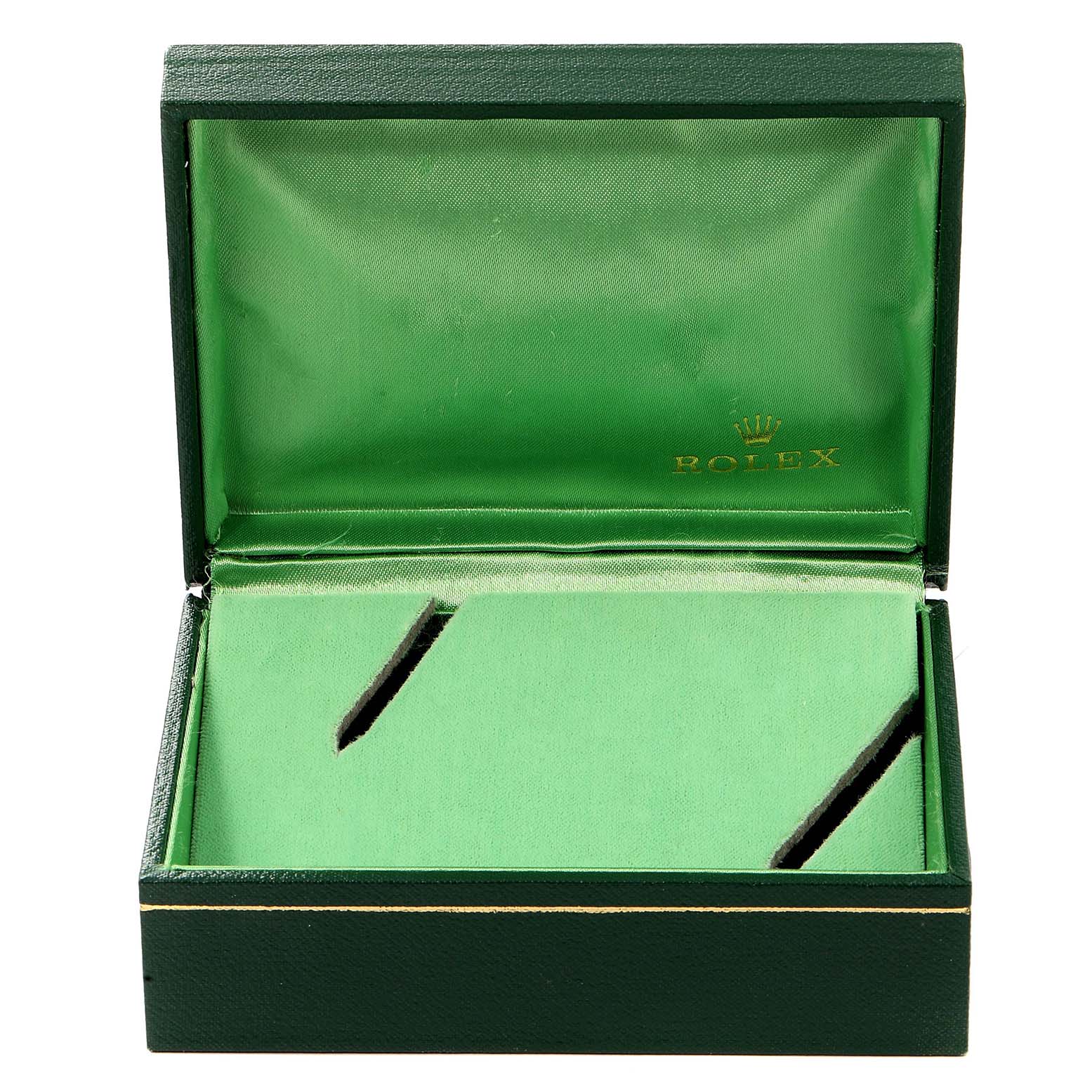 This image shows an open green and gold watch box for the Rolex Vintage Collection 5513 Men's Stainless Steel Black Dial 5513 Men's Stainless Steel Black Dial model, viewed from the front.