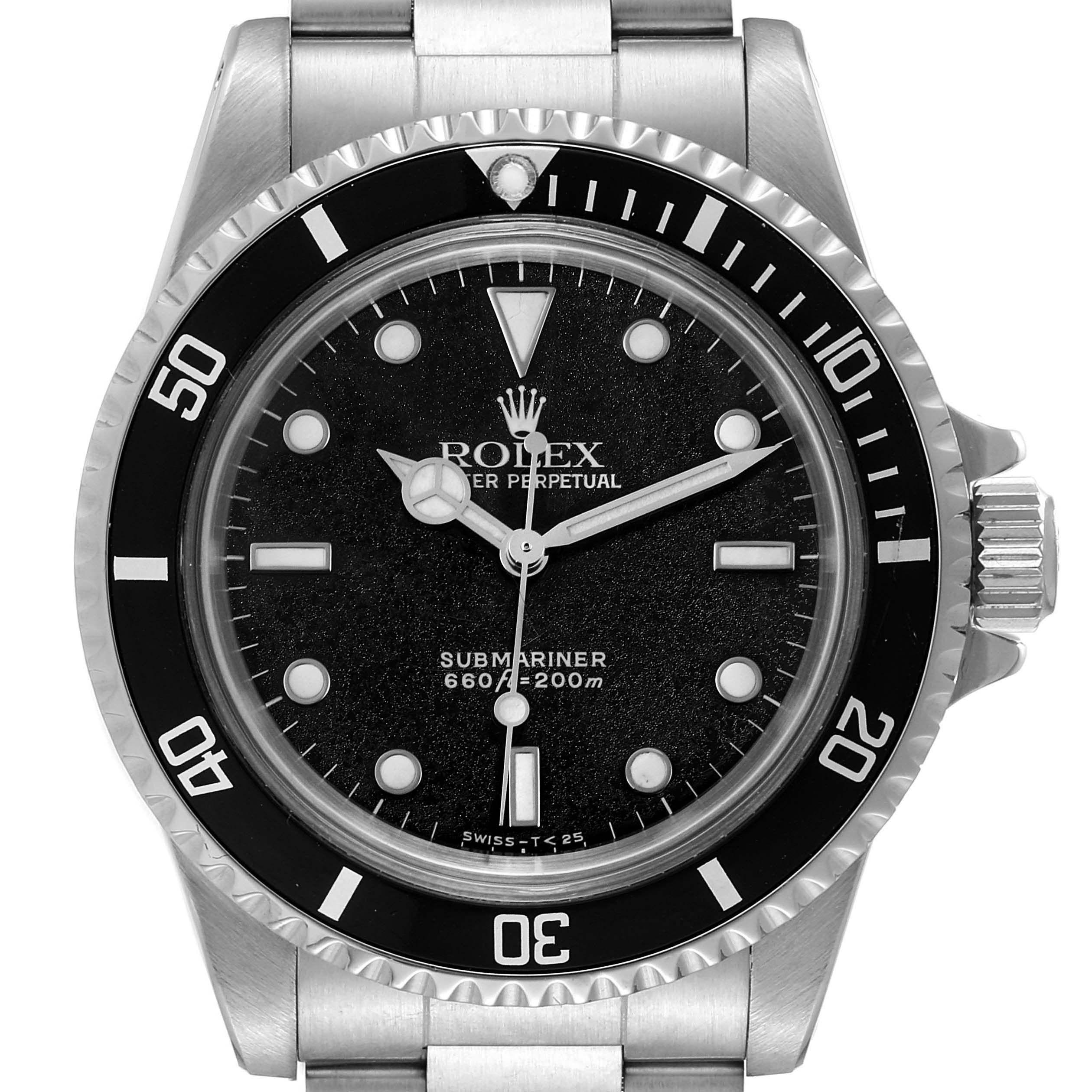 Front view of the Rolex Vintage Collection 5513 Men's Stainless Steel Black Dial 5513 Men's Stainless Steel Black Dial Submariner watch, showing the dial, bezel, and part of the bracelet.
