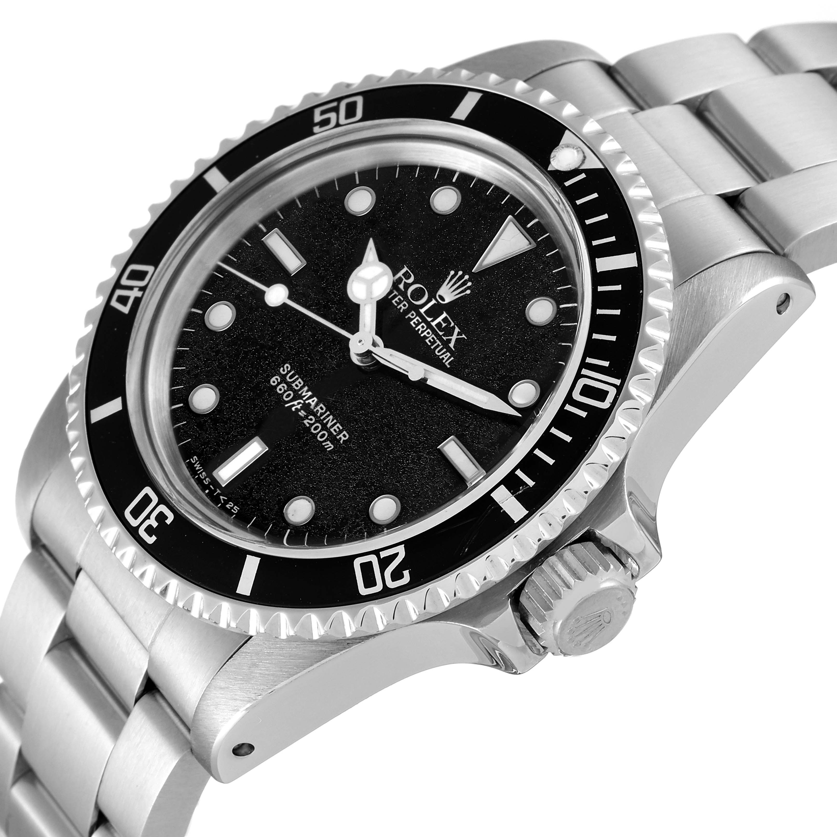 The image shows a close-up angle of a Rolex Vintage Collection 5513 Men's Stainless Steel Black Dial 5513 Men's Stainless Steel Black Dial Submariner watch, highlighting the bezel, dial, crown, and part of the bracelet.