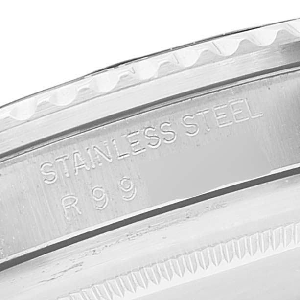 This close-up angle shows the "Stainless Steel" engraving on the bezel of the Vintage Collection model by Rolex.