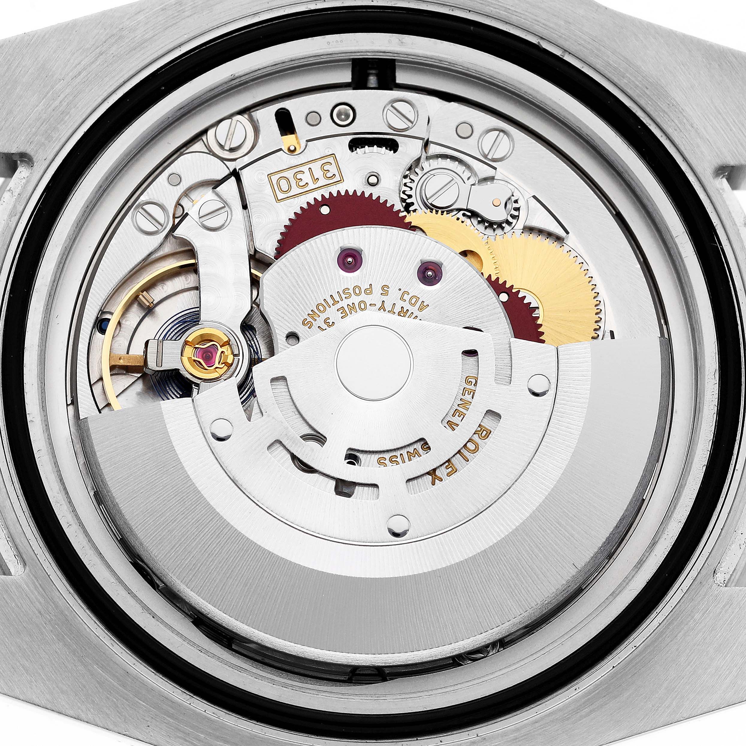 The image shows the movement of a Rolex Submariner 114060 Men
s Stainless Steel Black Dial 114060 Men
s Stainless Steel Black Dial, revealing gears and the oscillating rotor from the back.