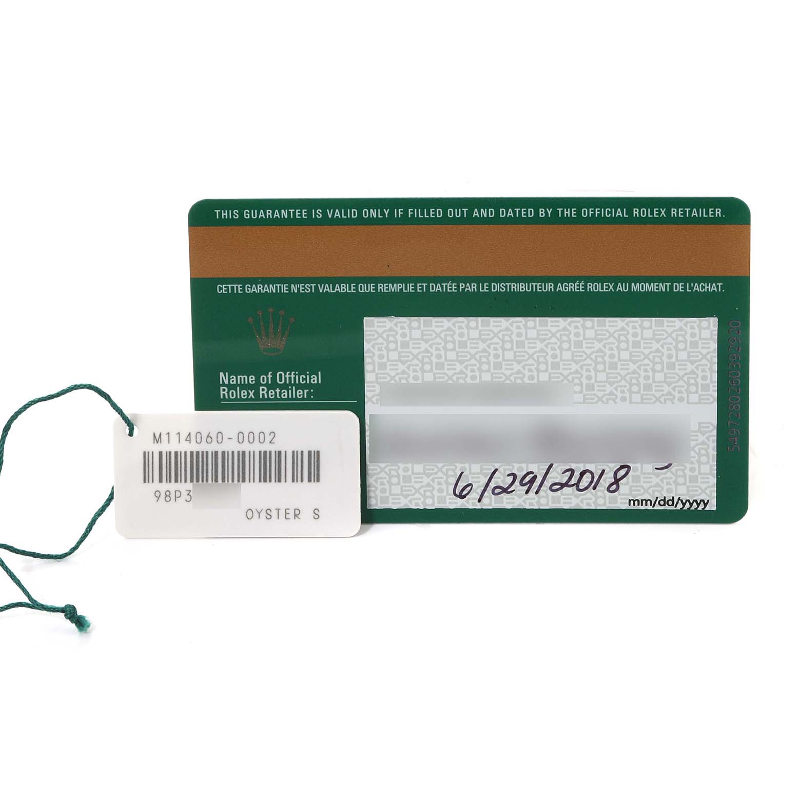 The image displays a warranty card and tag for a Rolex Submariner 114060 Men
s Stainless Steel Black Dial 114060 Men
s Stainless Steel Black Dial watch, with model details and a date.