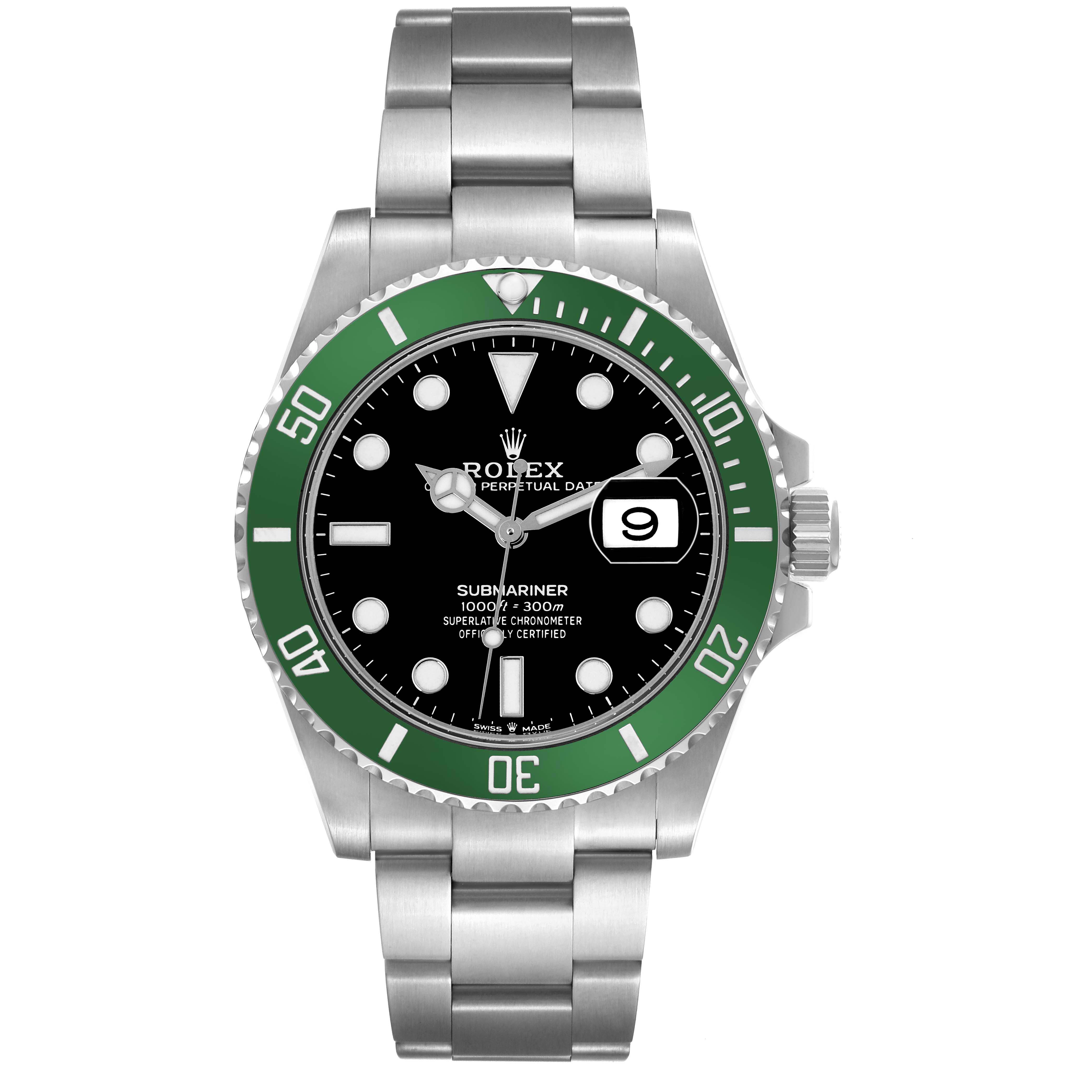 The Rolex Submariner 126610LV Men
s Stainless Steel Black Dial 126610LV Men
s Stainless Steel Black Dial watch is shown from a front angle, highlighting the dial, bezel, and bracelet.