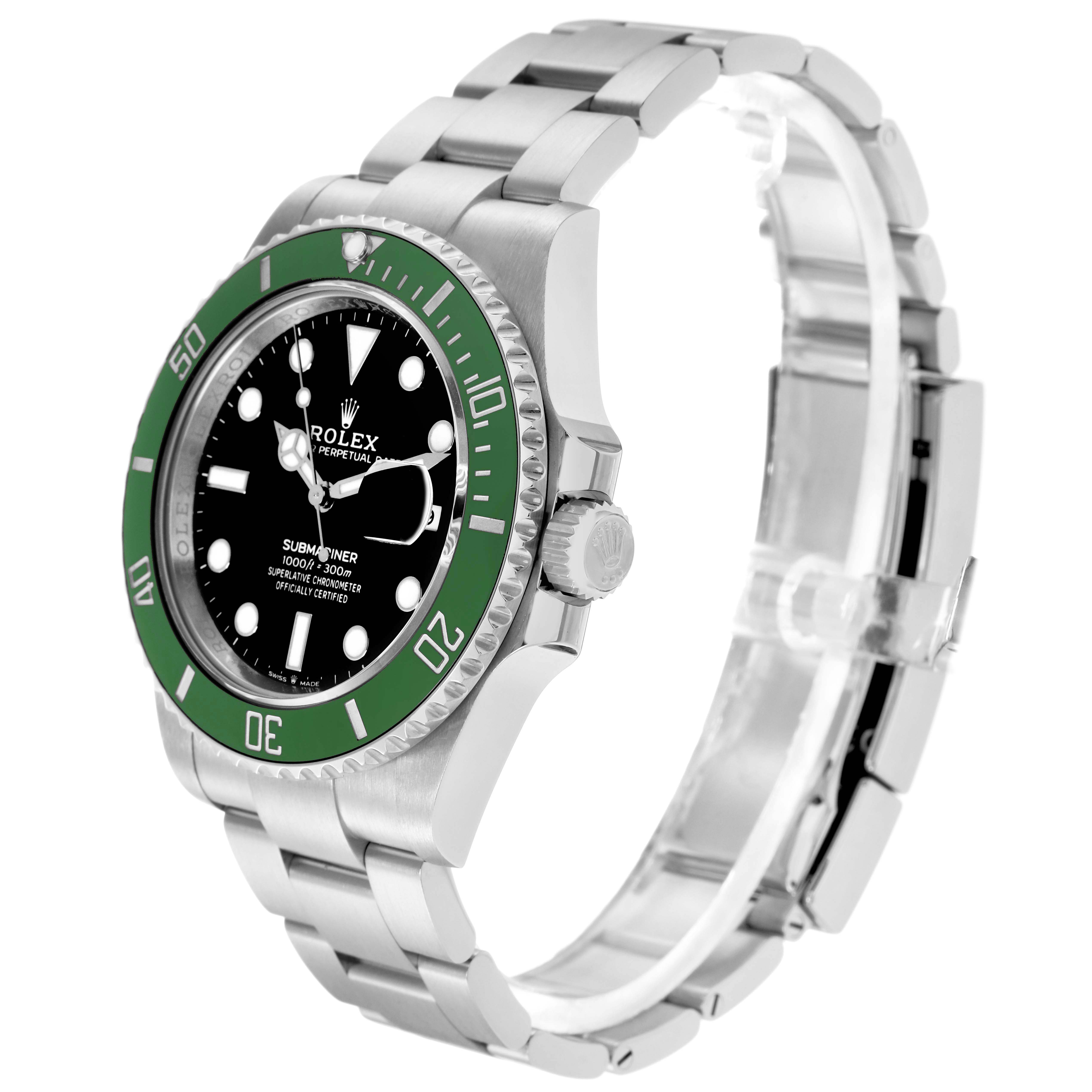 The Rolex Submariner 126610LV Men
s Stainless Steel Black Dial 126610LV Men
s Stainless Steel Black Dial watch is shown at an angled side view, highlighting its green bezel, black dial, and metal bracelet.