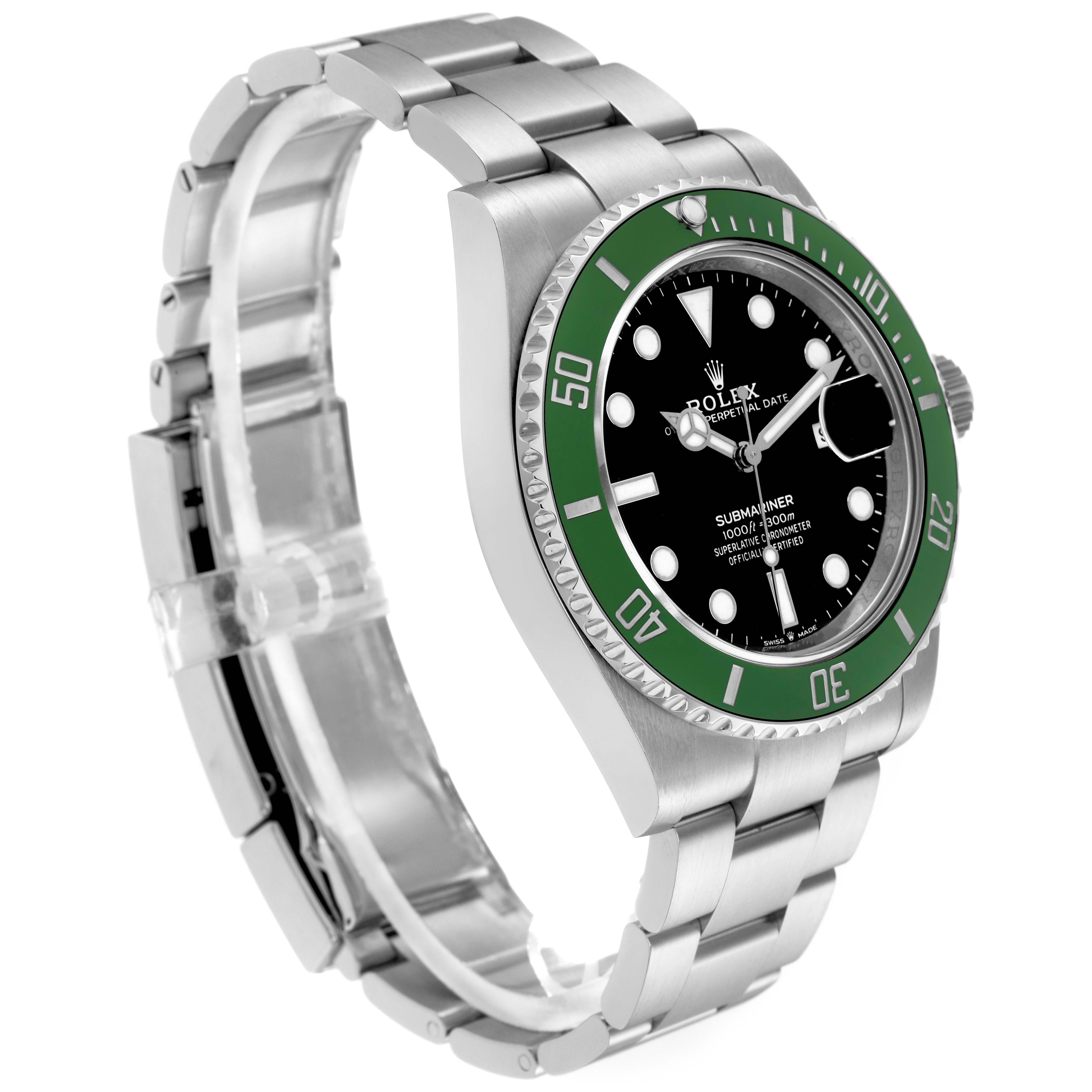 The Rolex Submariner 126610LV Men
s Stainless Steel Black Dial 126610LV Men
s Stainless Steel Black Dial watch is shown at a slight angle, highlighting the green bezel, black dial, and metal bracelet.