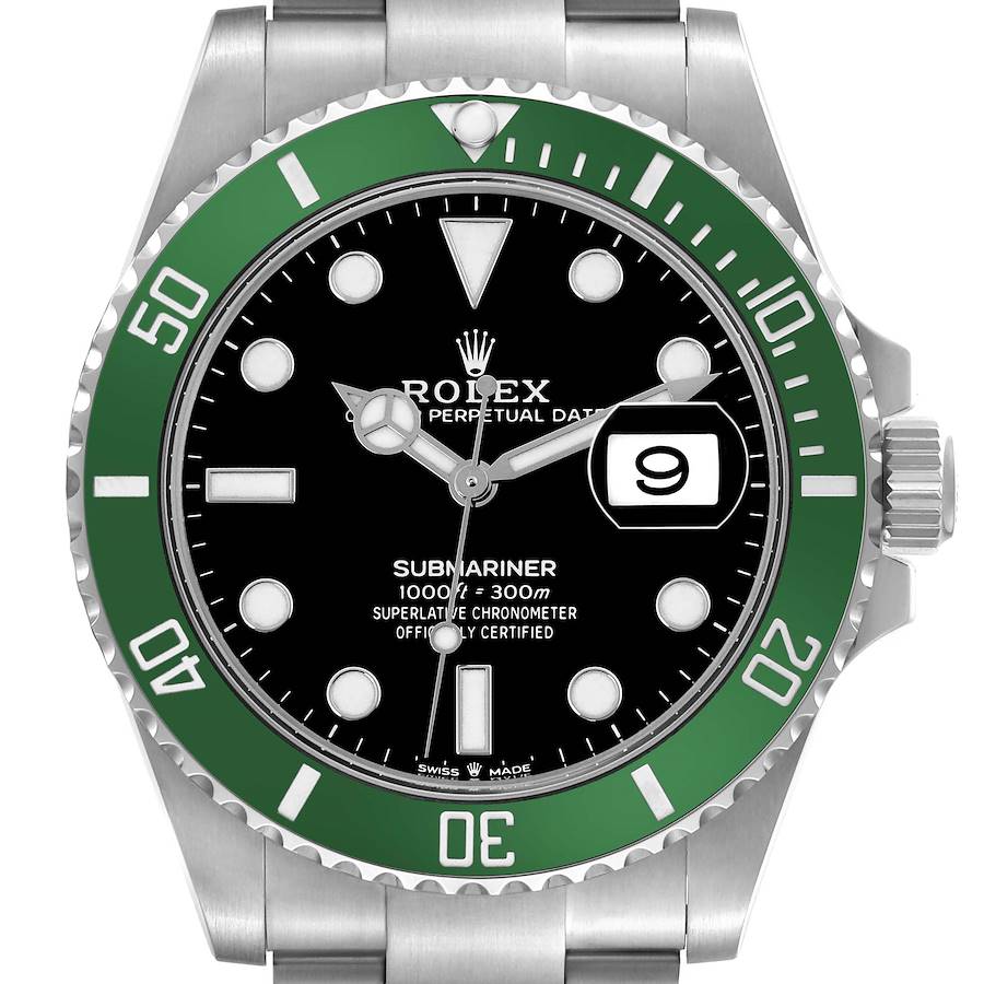 The Rolex Submariner watch is shown from the front, featuring the dial, green bezel, hands, indices, date window, and part of the bracelet.