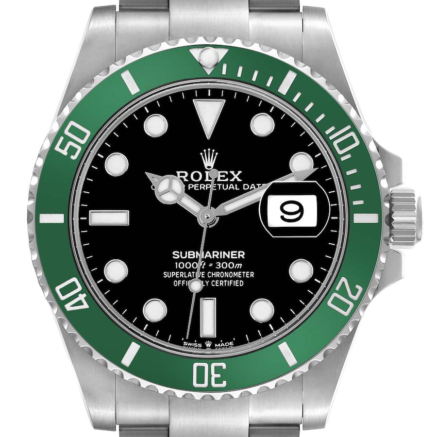 This image shows a front view of the Rolex Submariner, highlighting the green bezel, black dial, and date display.