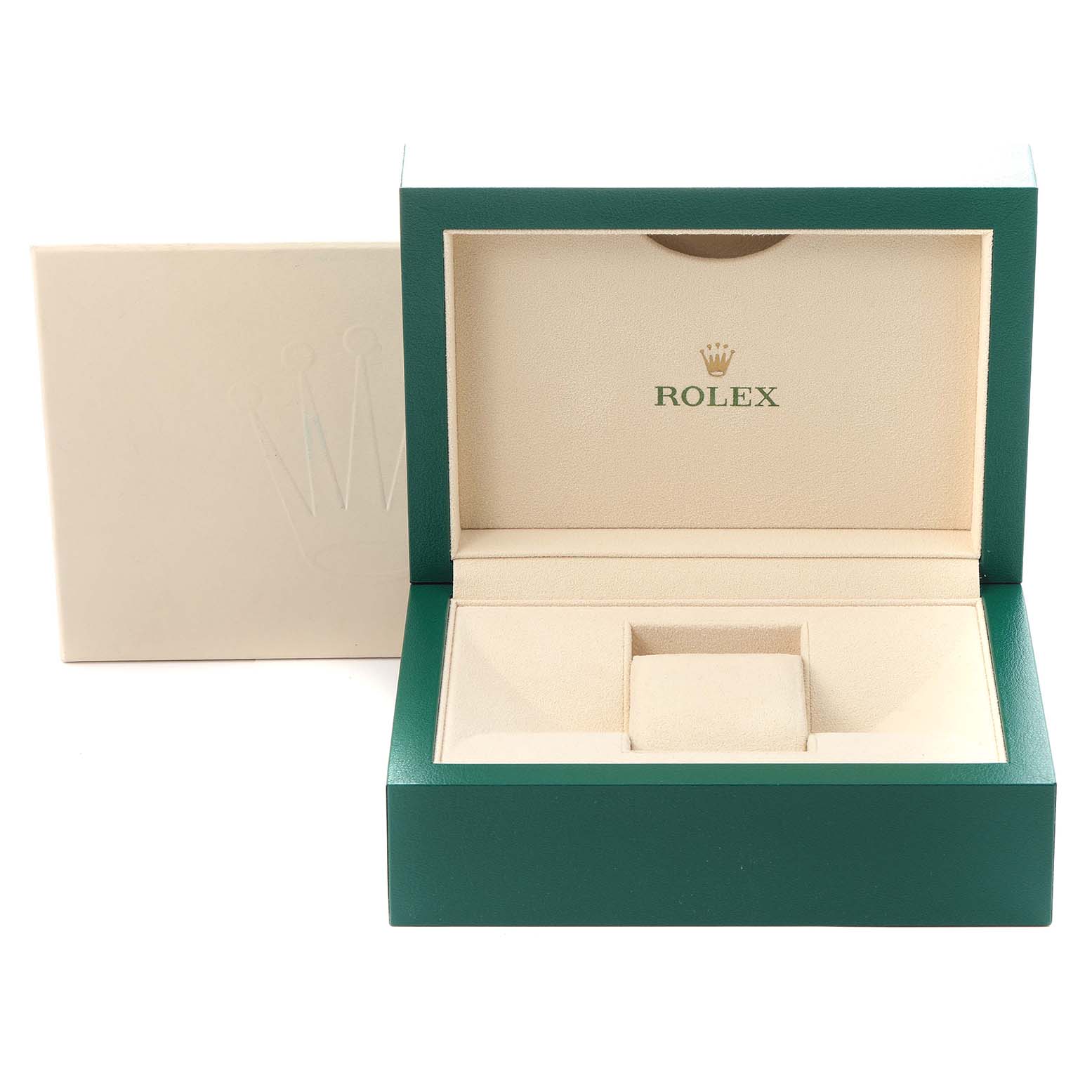 The image shows an open Rolex watch box for the Submariner model, featuring a green exterior and beige interior with the Rolex logo.
