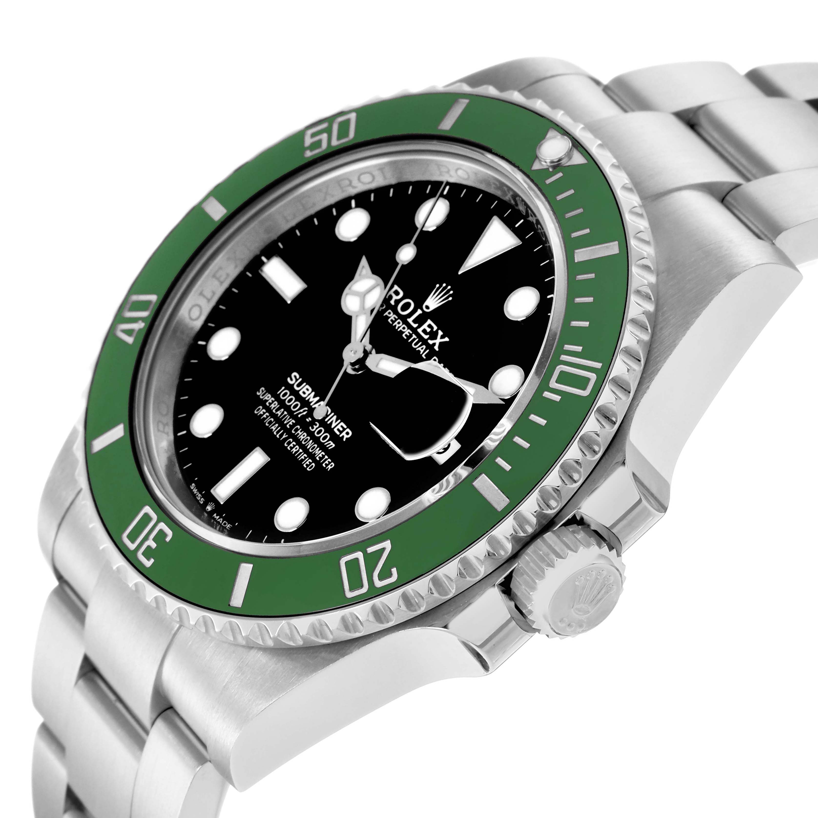 The Rolex Submariner 126610LV Men
s Stainless Steel Black Dial 126610LV Men
s Stainless Steel Black Dial watch is shown from a slight side angle, highlighting its green bezel, black dial, crown, and stainless steel bracelet.
