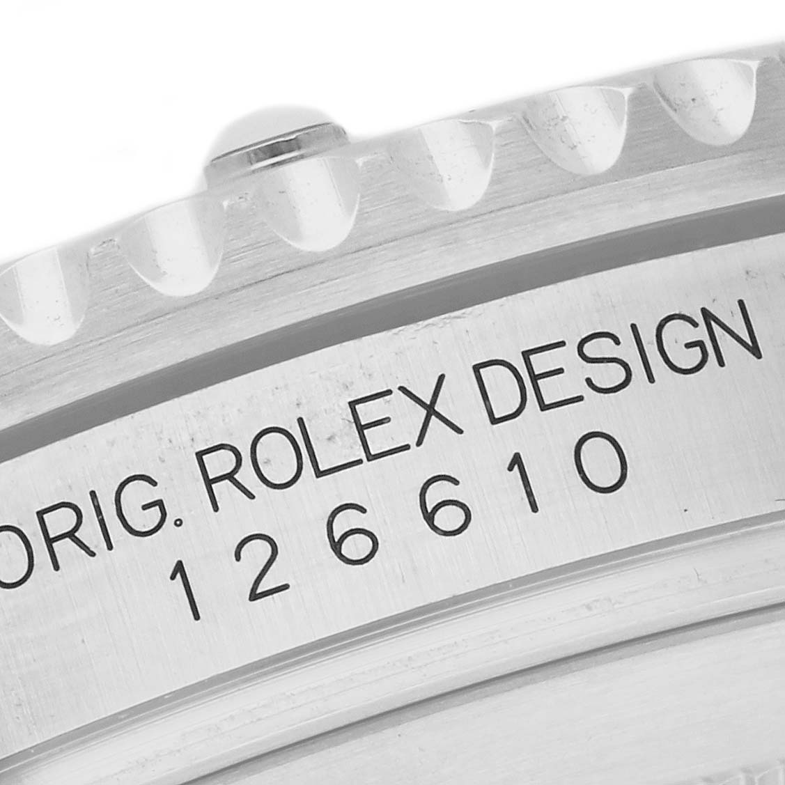 This image shows a close-up of the bezel and engravings on the side of the Rolex Submariner 126610LV Men
s Stainless Steel Black Dial 126610LV Men
s Stainless Steel Black Dial, model number 126610.